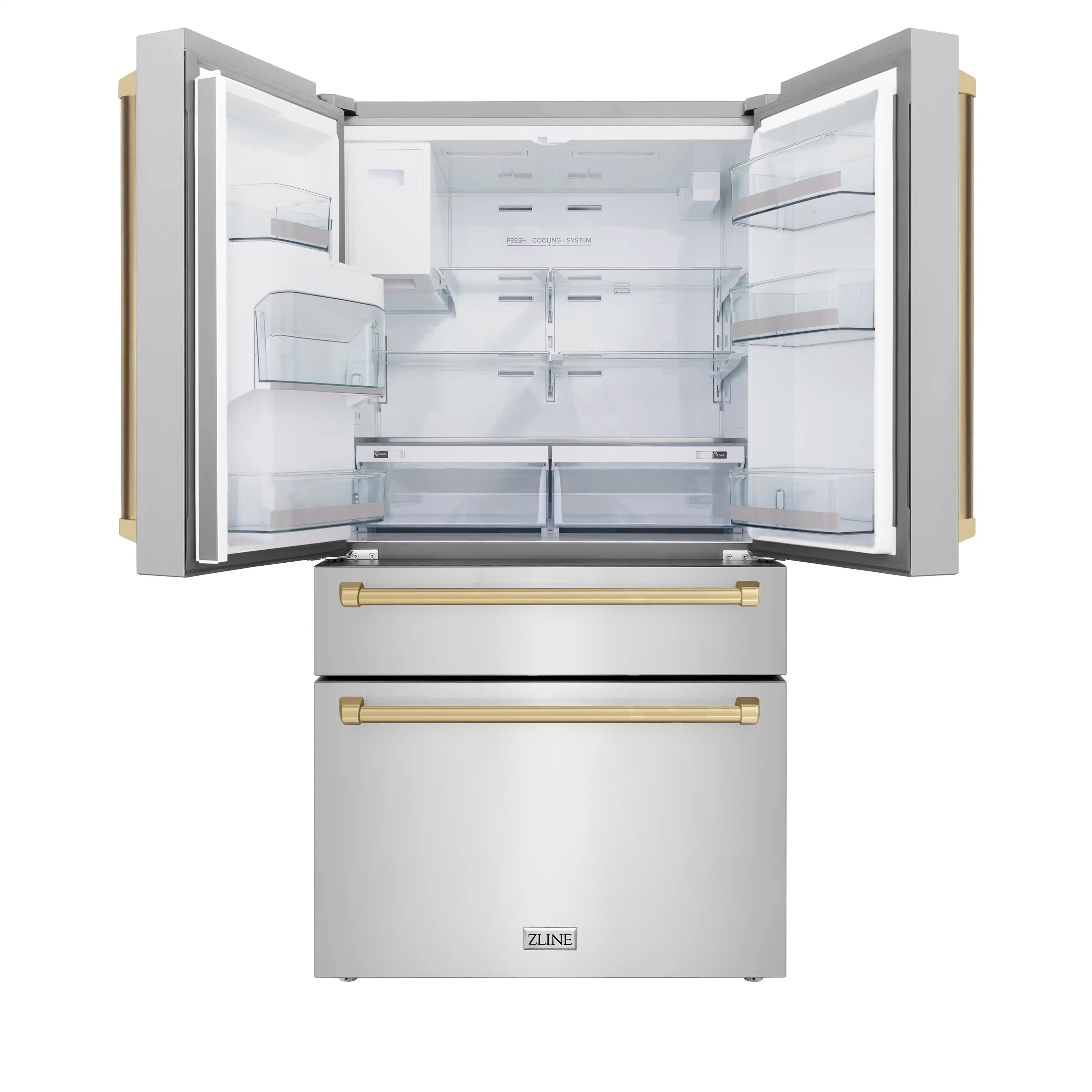 Refrigerator with doors open showing interior shelves and champagne-bronze handles