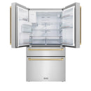 ZLINE 5-Piece Appliance Package - 48-Inch Paramount Dual Fuel Range, Wall Mount Range Hood, 36-Inch French Door Refrigerator with Water Dispenser, Dishwasher, and 30-Inch Microwave Drawer in Stainless Steel with Champagne Bronze Accents