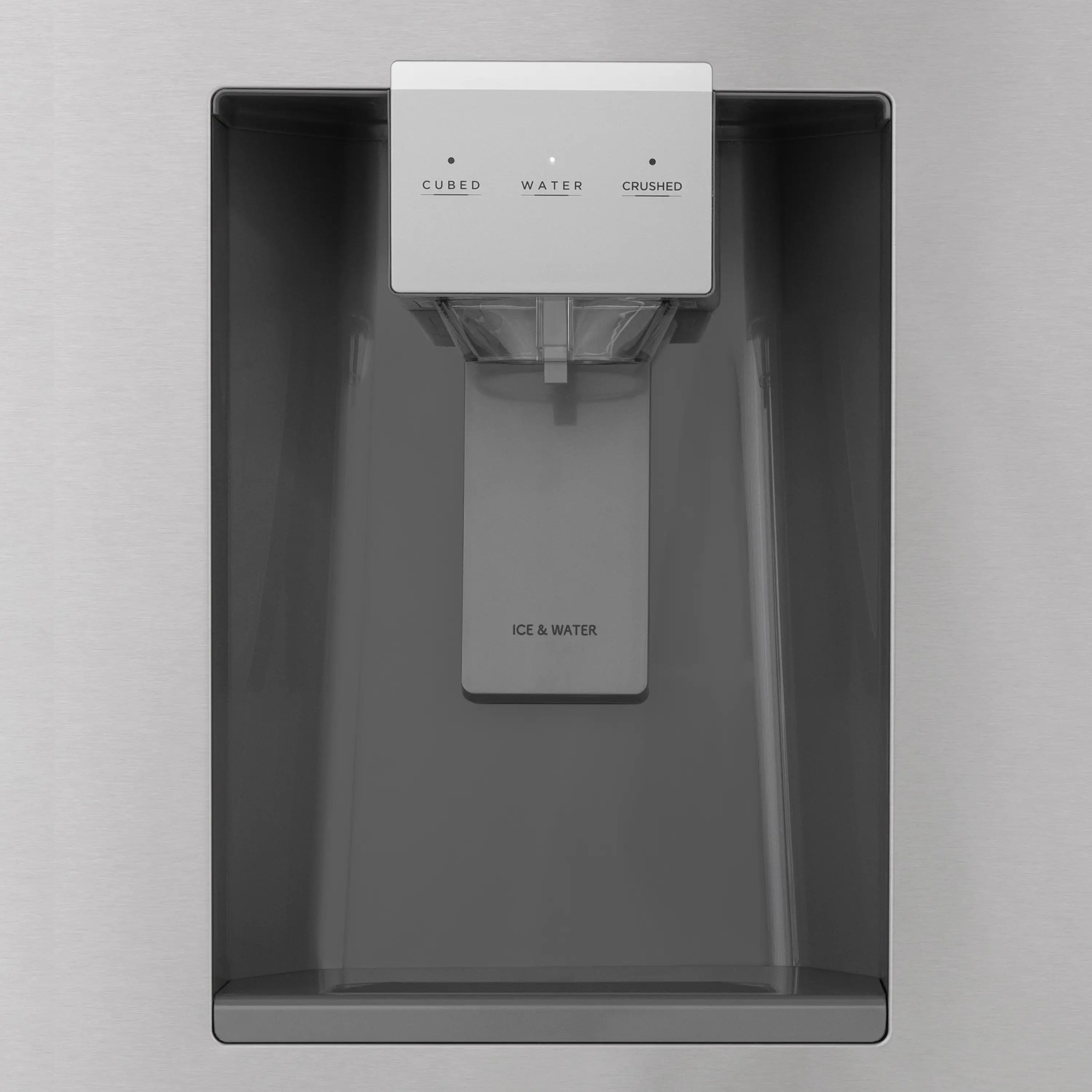 Ice and water dispenser chute on stainless steel refrigerator door