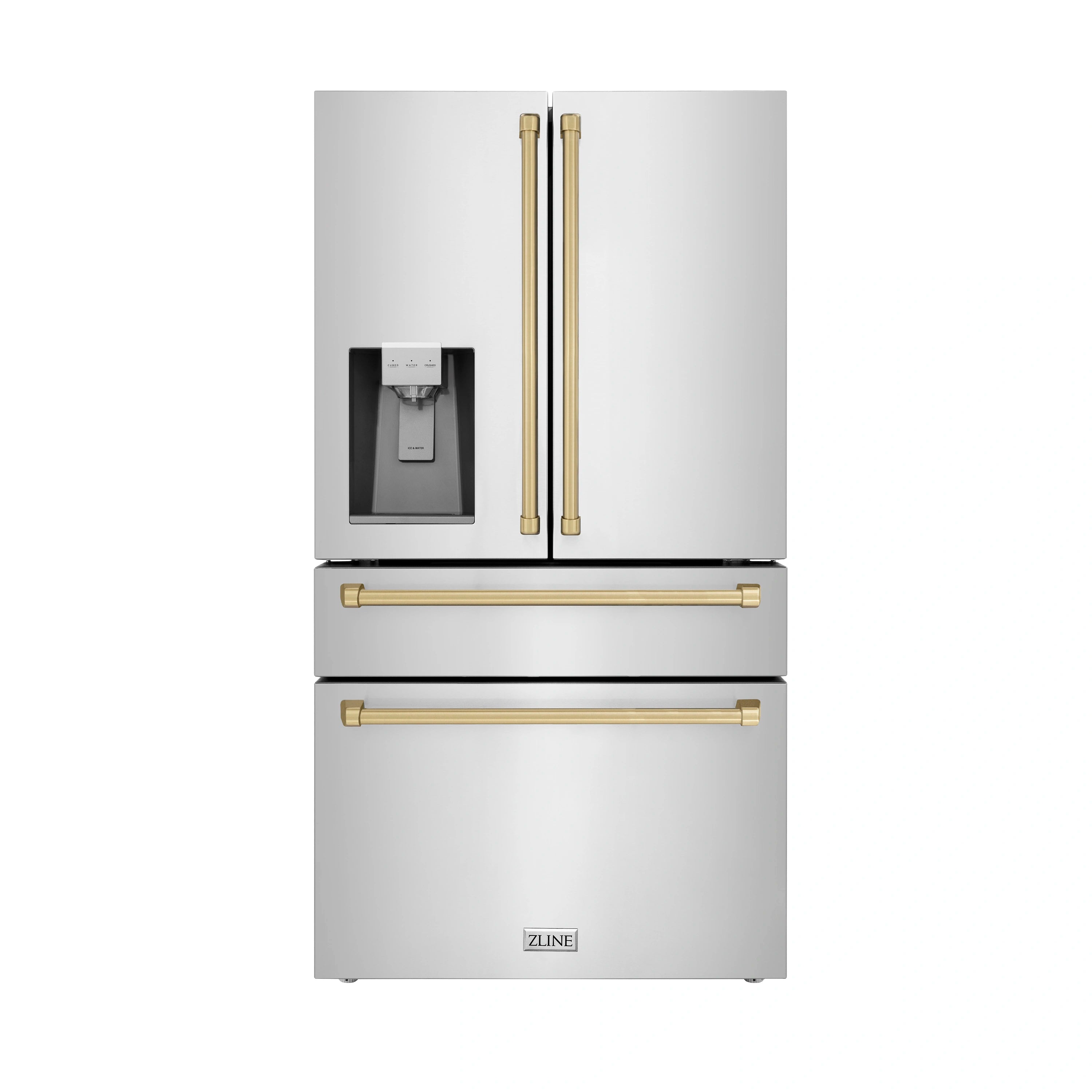 Stainless steel French door refrigerator with double gold handles and lower storage drawer
