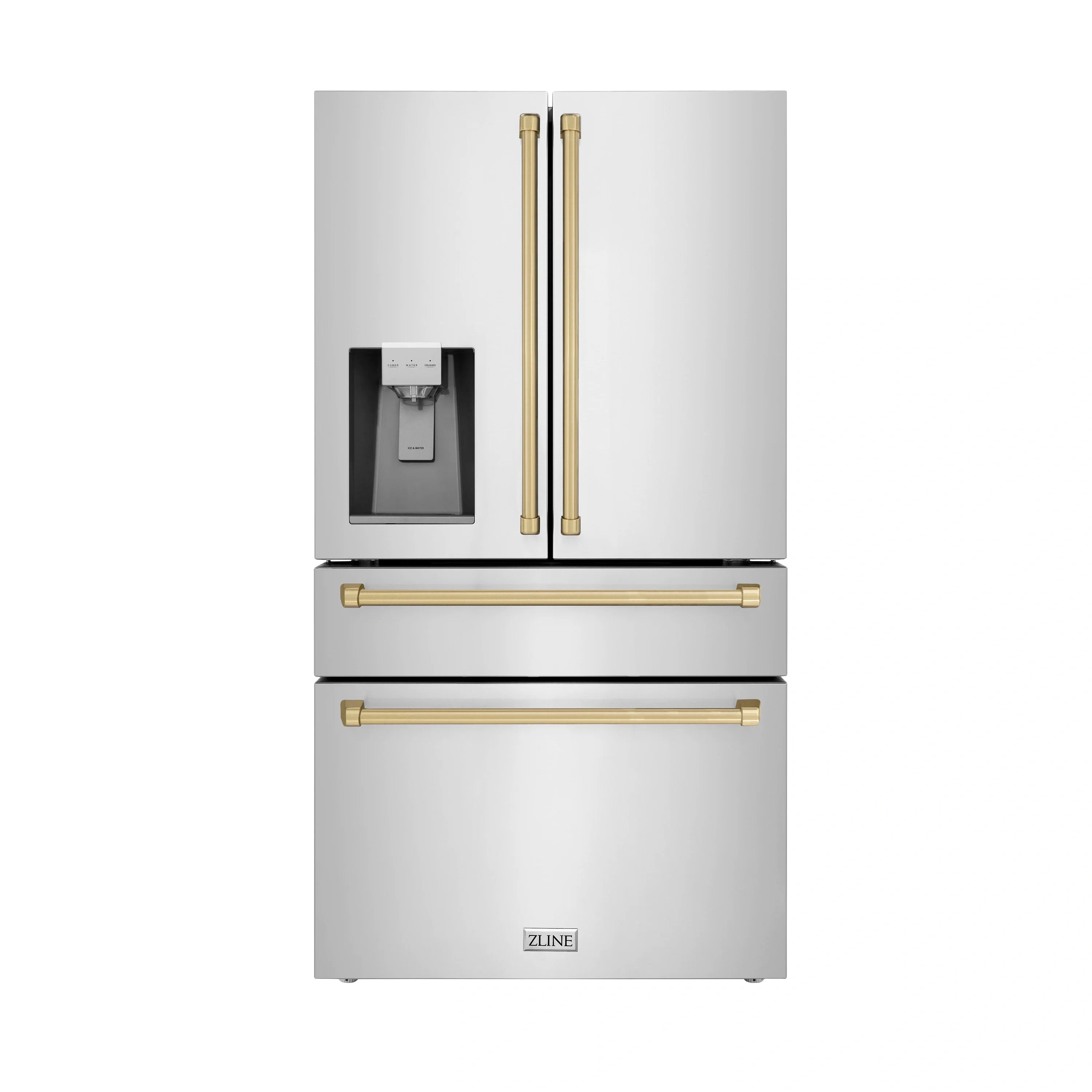Stainless French door refrigerator with champagne bronze handles and water dispenser