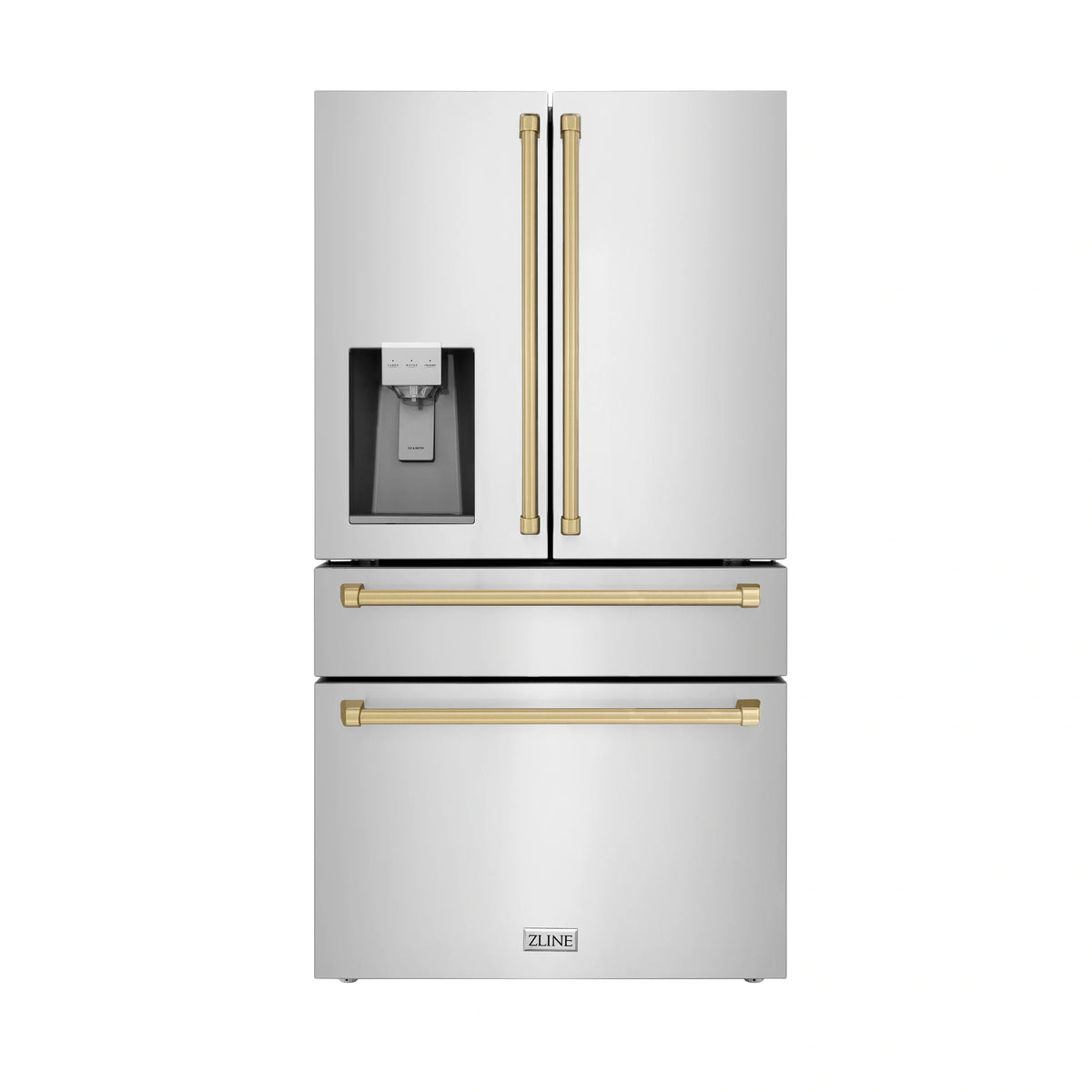 Stainless steel refrigerator with water dispenser and champagne bronze accents