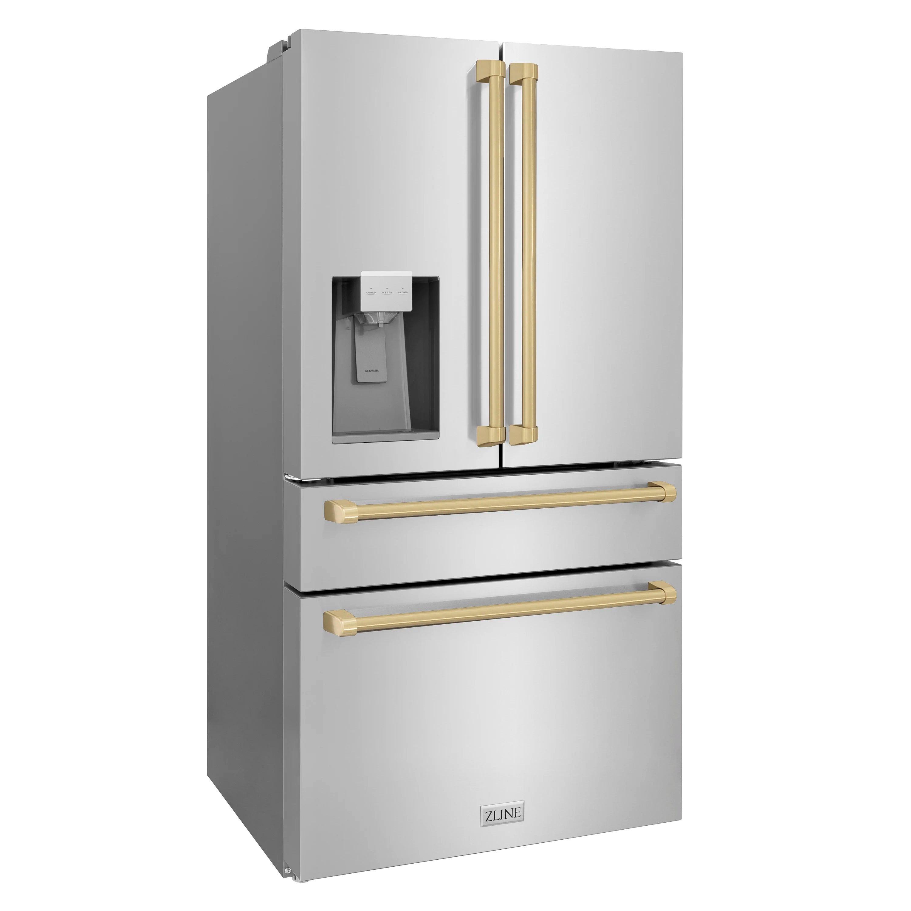 Stainless steel refrigerator with water/ice dispenser and gold handle trim