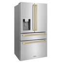 ZLINE Autograph Edition 36-Inch 21.6 cu. ft Freestanding French Door Refrigerator with Water and Ice Dispenser in Stainless Steel with Champagne Bronze Trim (RFMZ-W-36-CB)
