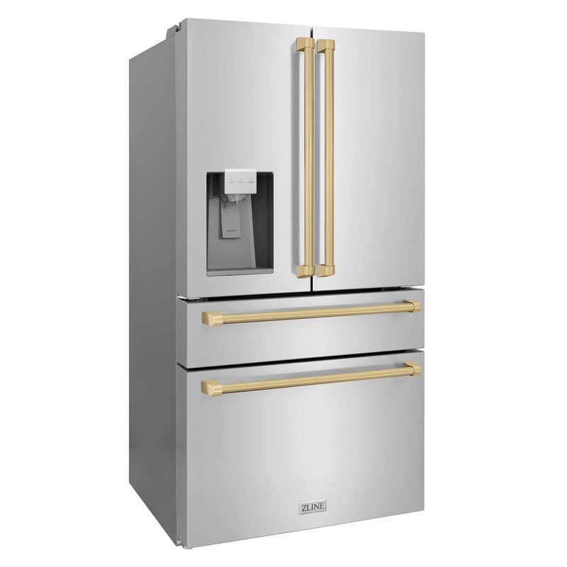 ZLINE 4-Piece Appliance Package - 48-Inch Dual Fuel Range, Hood, Refrigerator with Water Dispenser, and Dishwasher in Stainless Steel with Champagne Bronze Accents