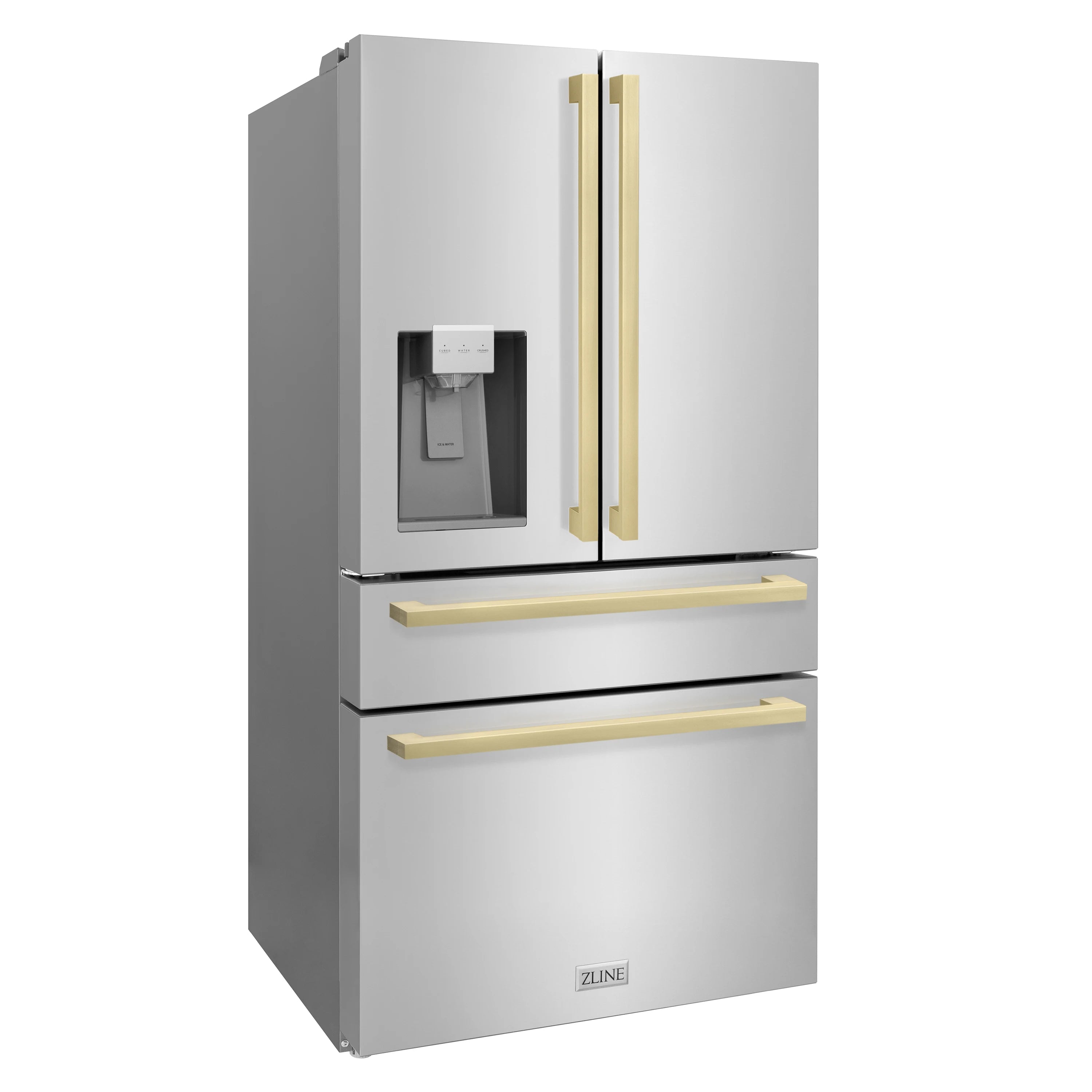 Stainless French door refrigerator with water/ice dispenser and champagne bronze handles