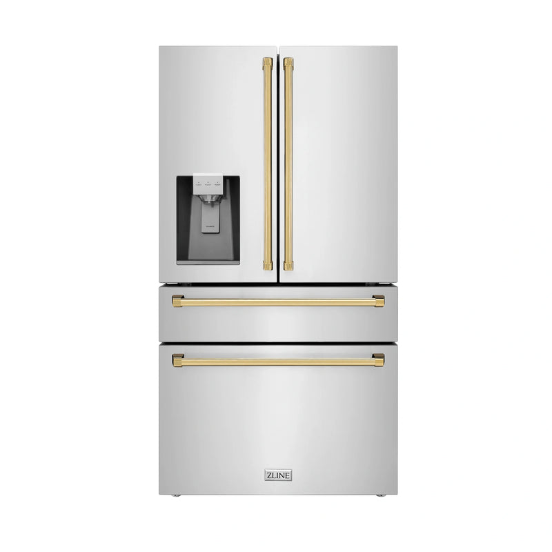 ZLINE 5-Piece Appliance Package - 36-Inch Gas Range, Hood, Refrigerator with Water Dispenser, Dishwasher, and Microwave Drawer in Stainless Steel with Gold Accents
