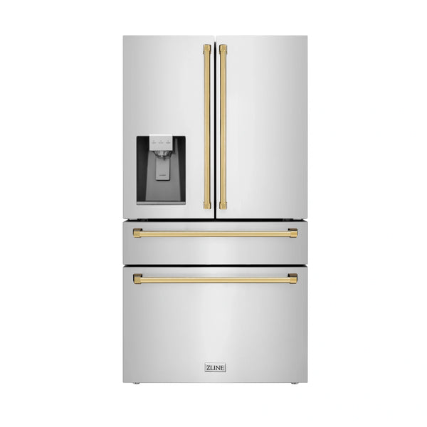 ZLINE Autograph Edition 36-Inch 22.5 cu. ft Freestanding French Door Refrigerator with Water and Ice Dispenser in Stainless Steel with Gold Trim (RFMZ-W-36-G)