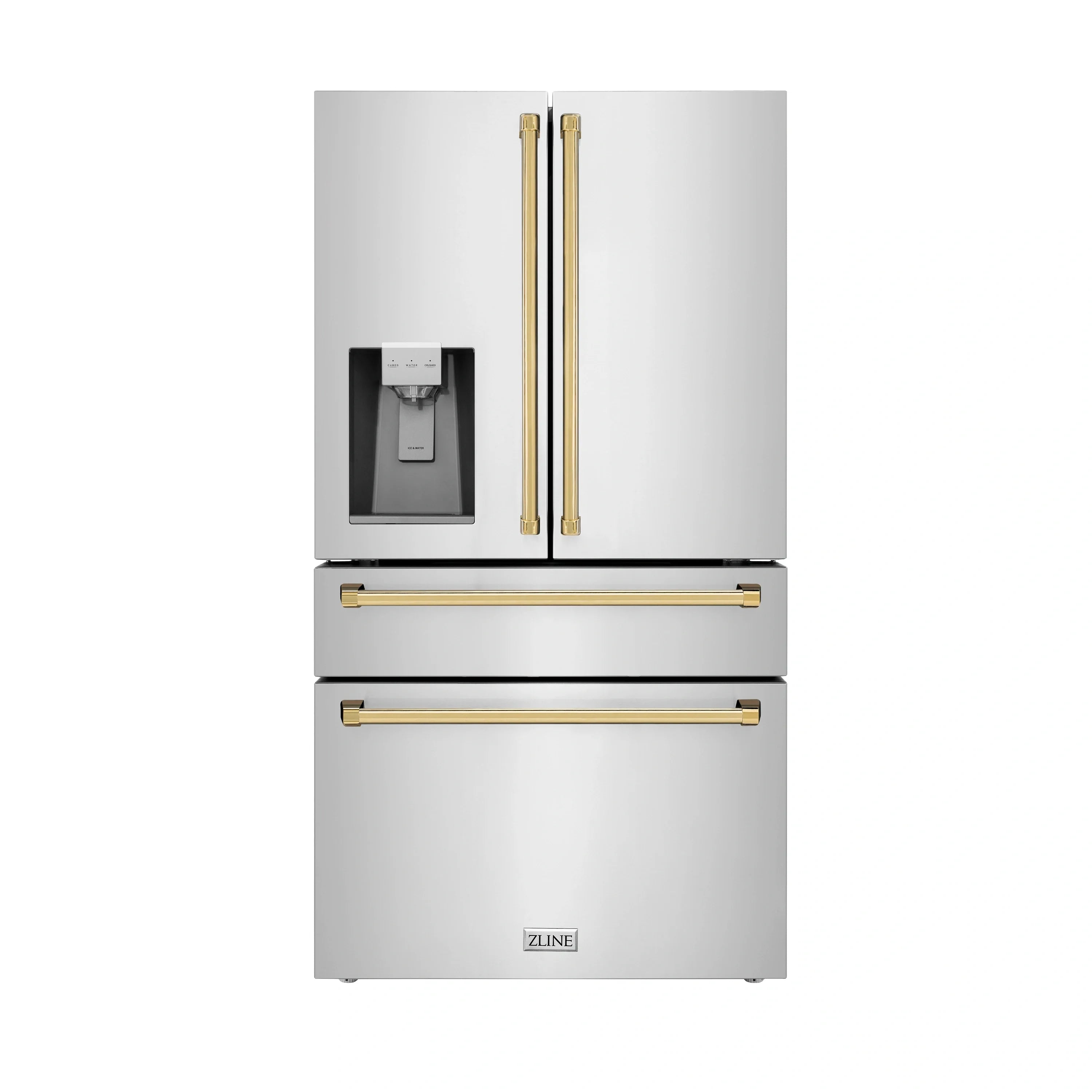 Stainless steel French-door refrigerator with gold handles and water dispenser
