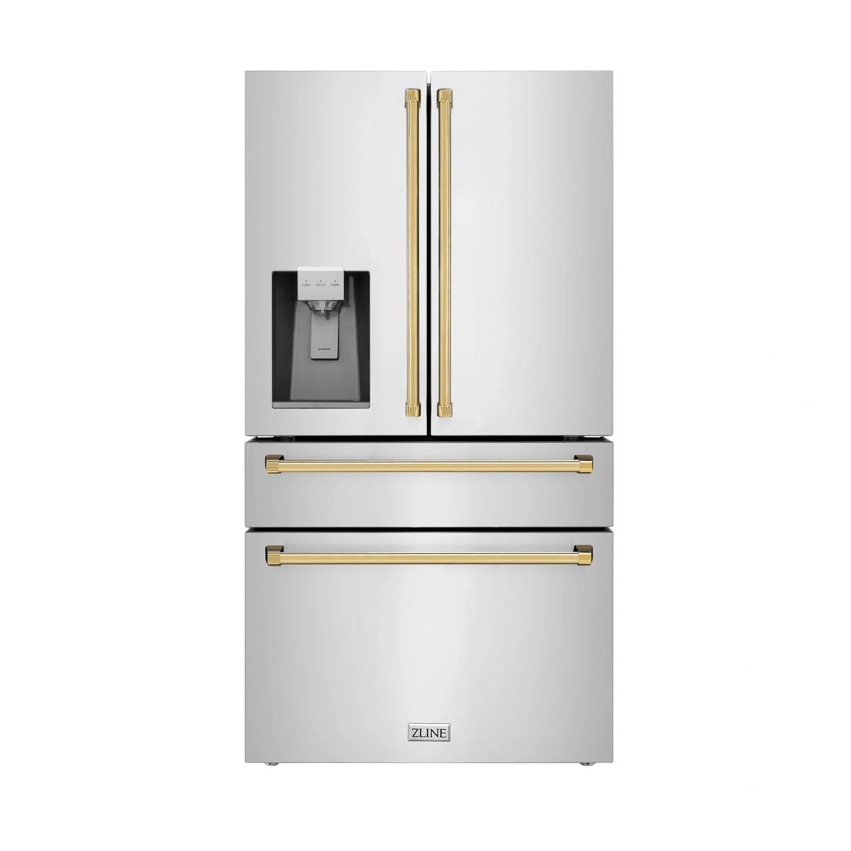 Stainless refrigerator with gold door accents and double handles