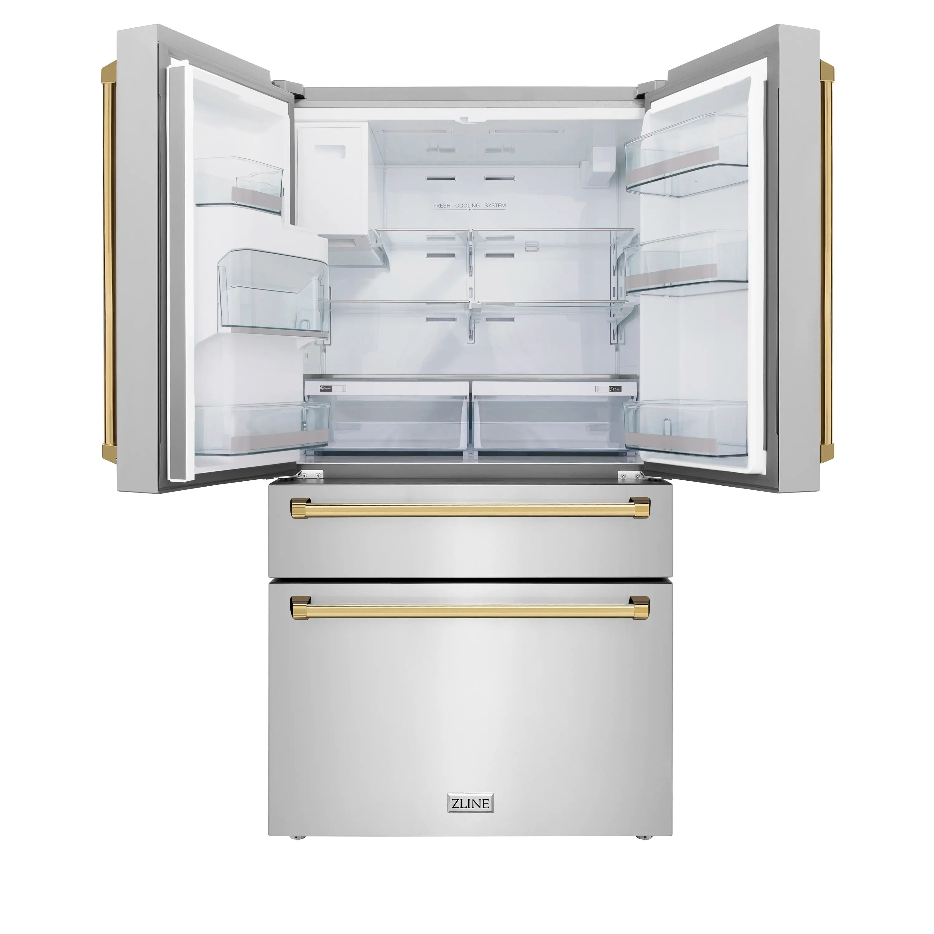 French door refrigerator with doors open, shelves and drawers visible