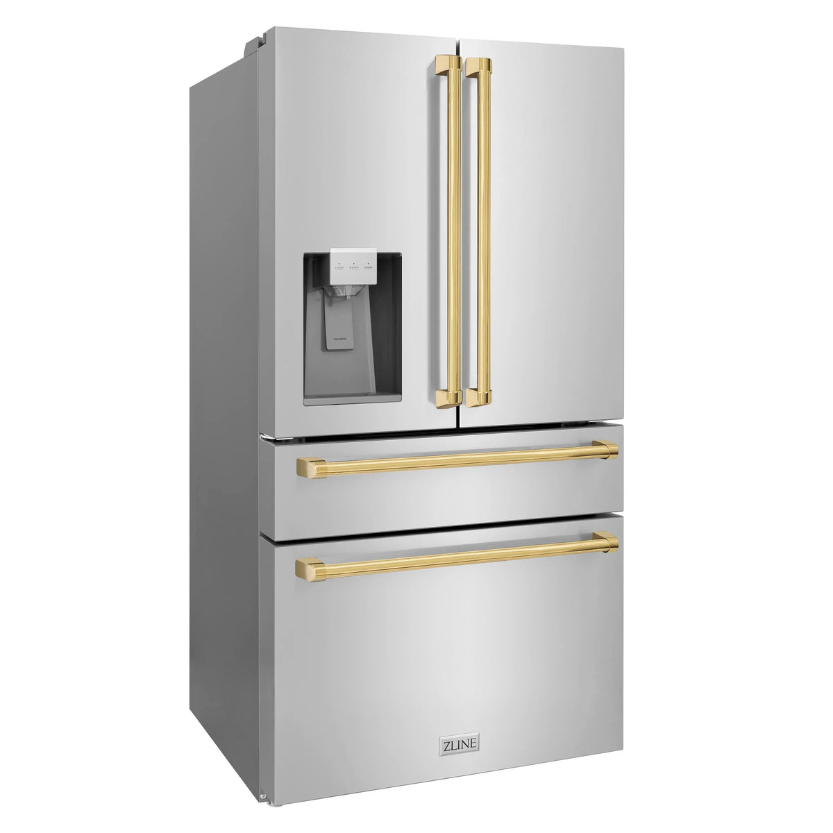 Stainless refrigerator with water dispenser and two gold accent handles on door