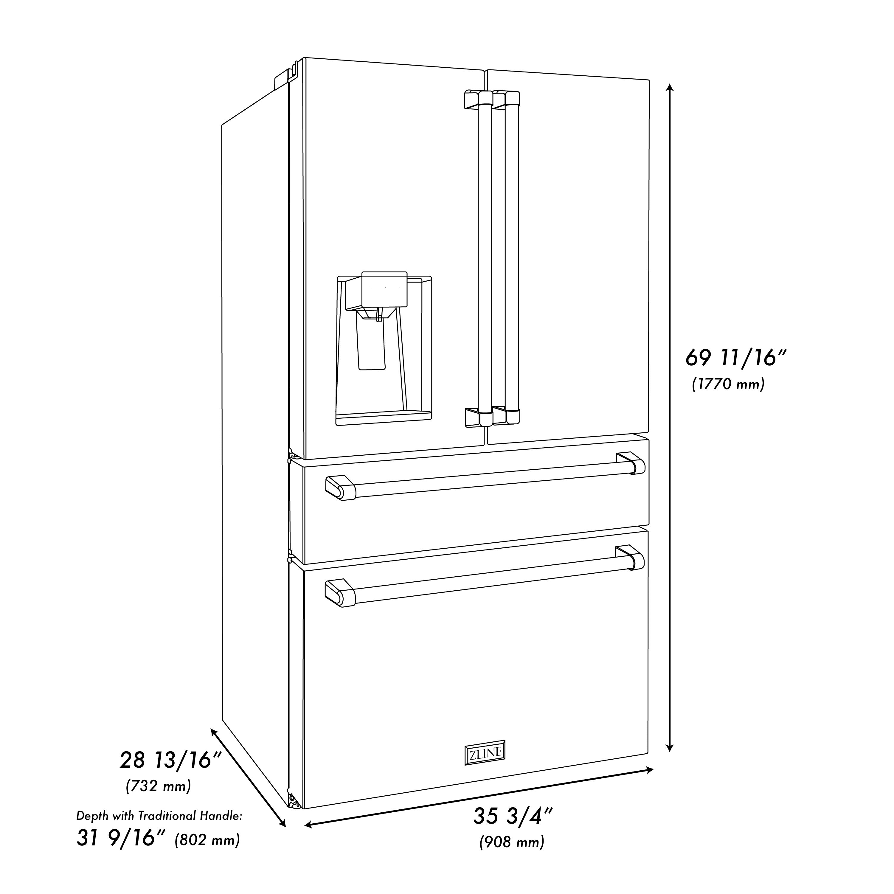 Refrigerator dimension line drawing showing height, depth, and width measurements in inches