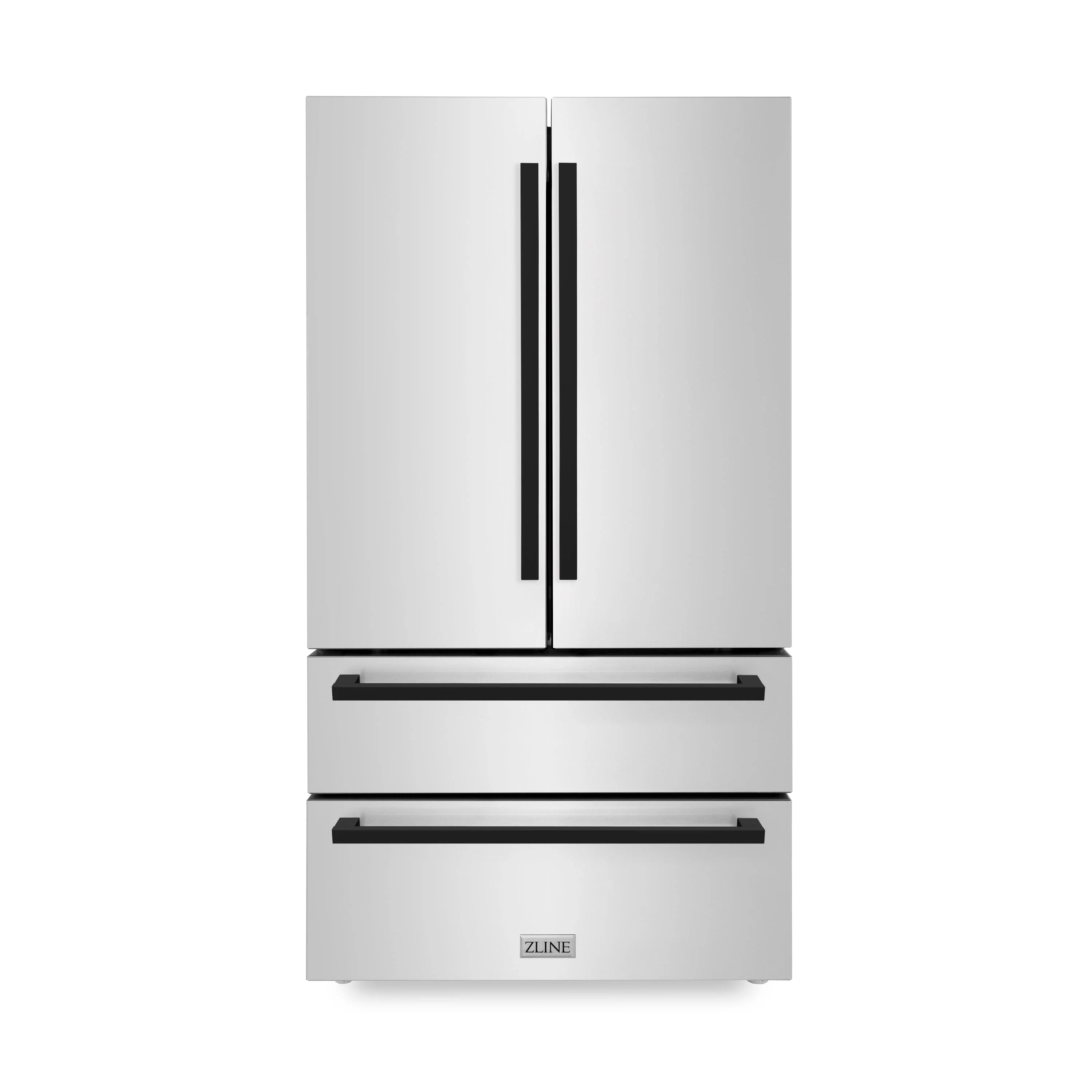Stainless steel French door refrigerator with matte black modern handles and two drawers