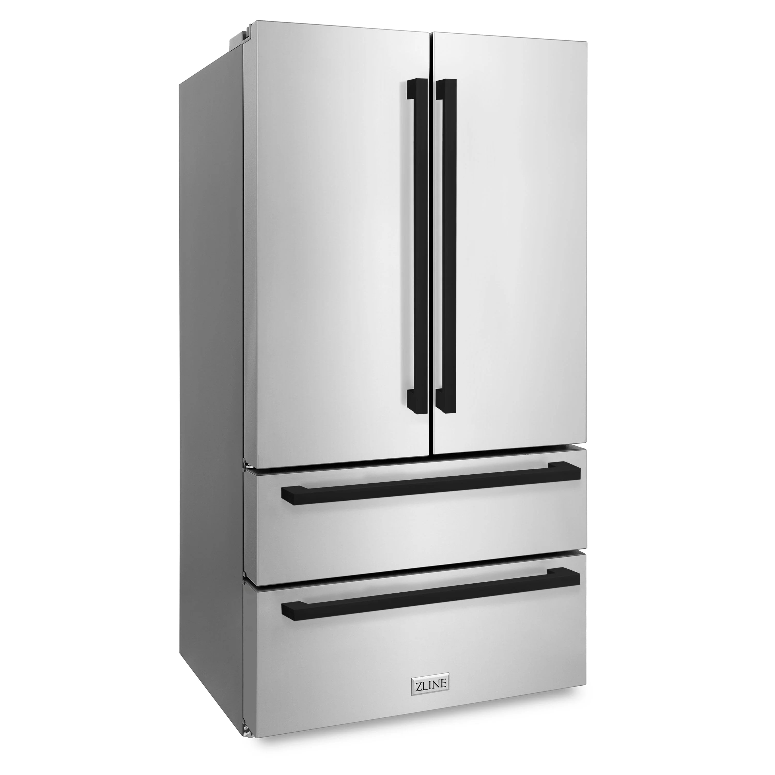 Fingerprint-resistant stainless steel French door refrigerator with matte black handles