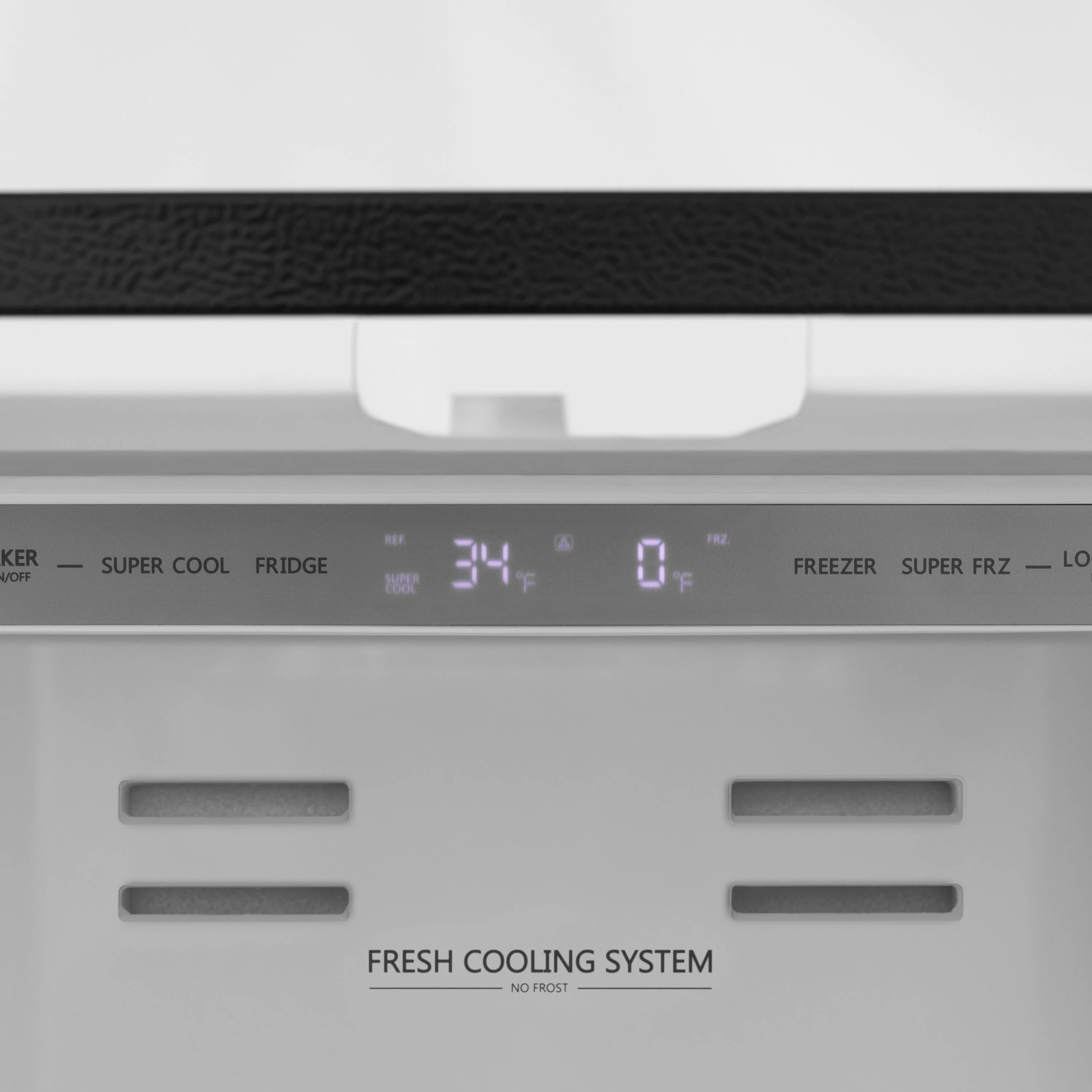 Refrigerator temperature control panel with digital display and airflow system vents