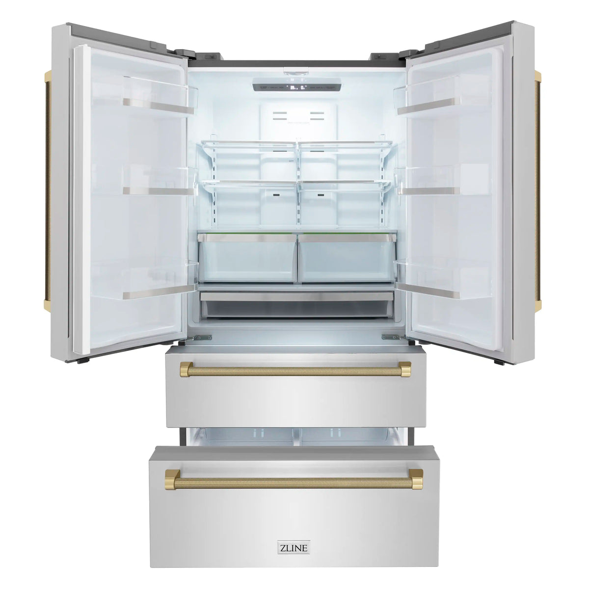 Counter-depth refrigerator with double doors open, showing shelves and interior drawers
