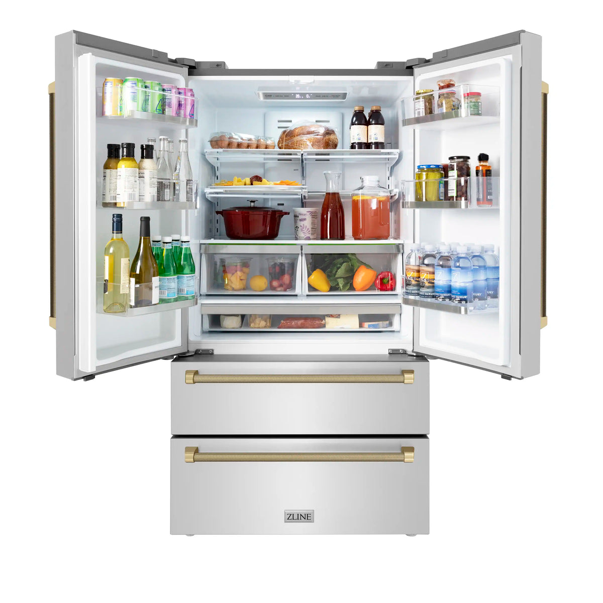 Counter-depth refrigerator with open doors, interior shelves, bins, and pull-out drawers