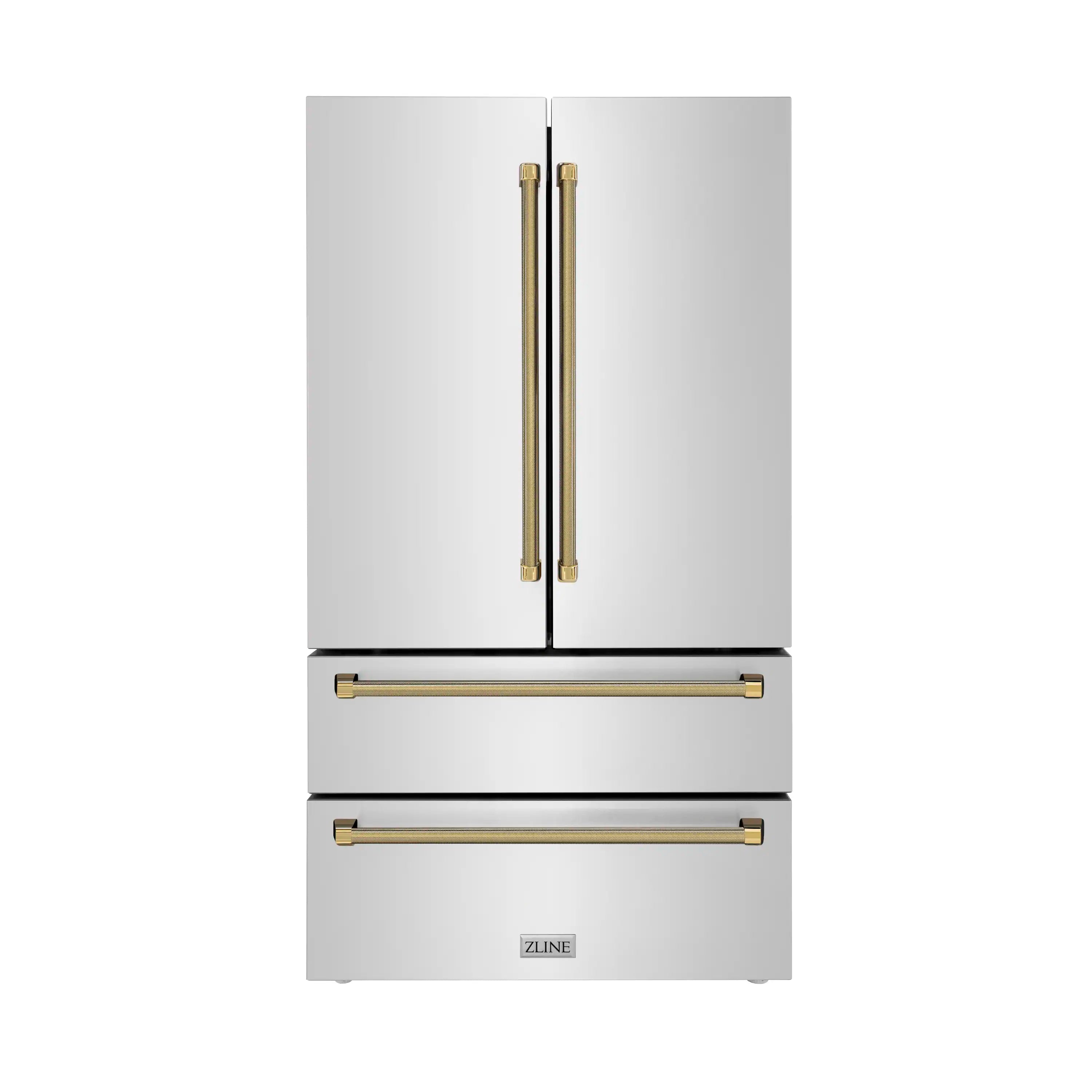 Stainless French-door refrigerator front with gold helix handles