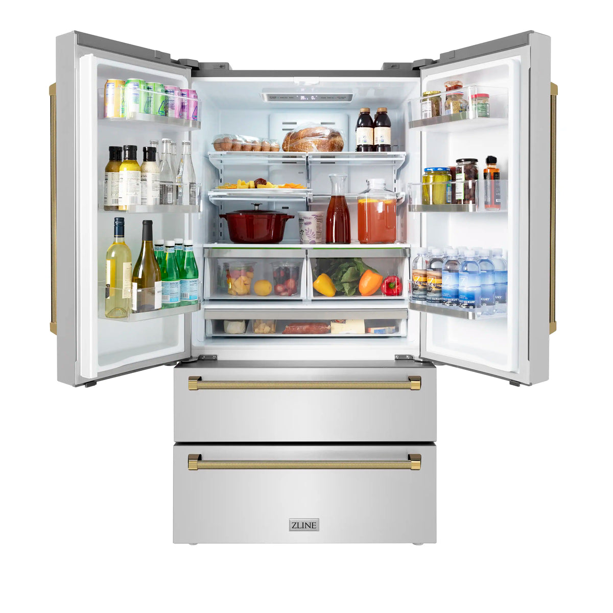 ZLINE stainless steel counter-depth refrigerator with open doors and interior shelves, gold handles