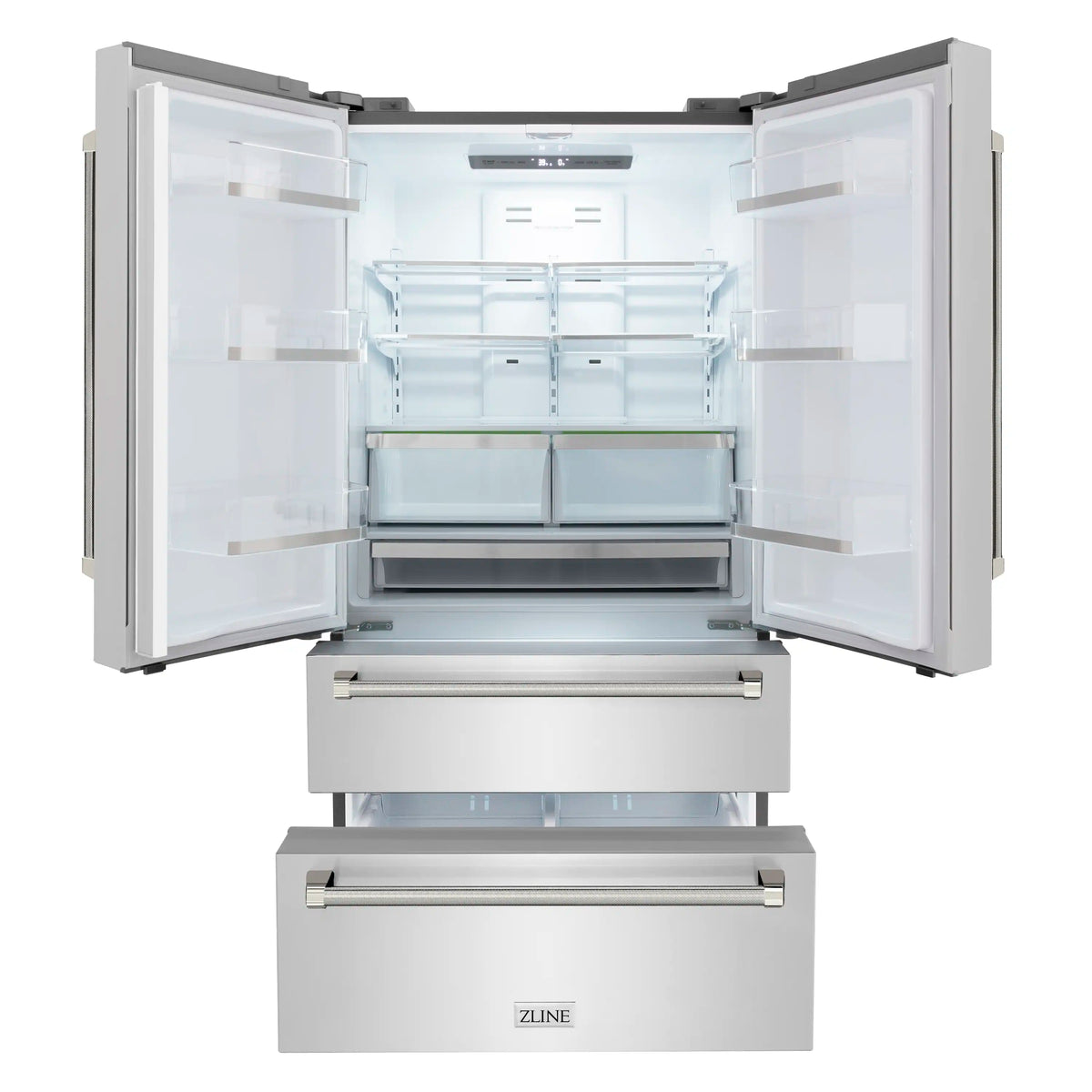 Open counter-depth refrigerator with clear shelves, drawers, and bottom freezer compartment