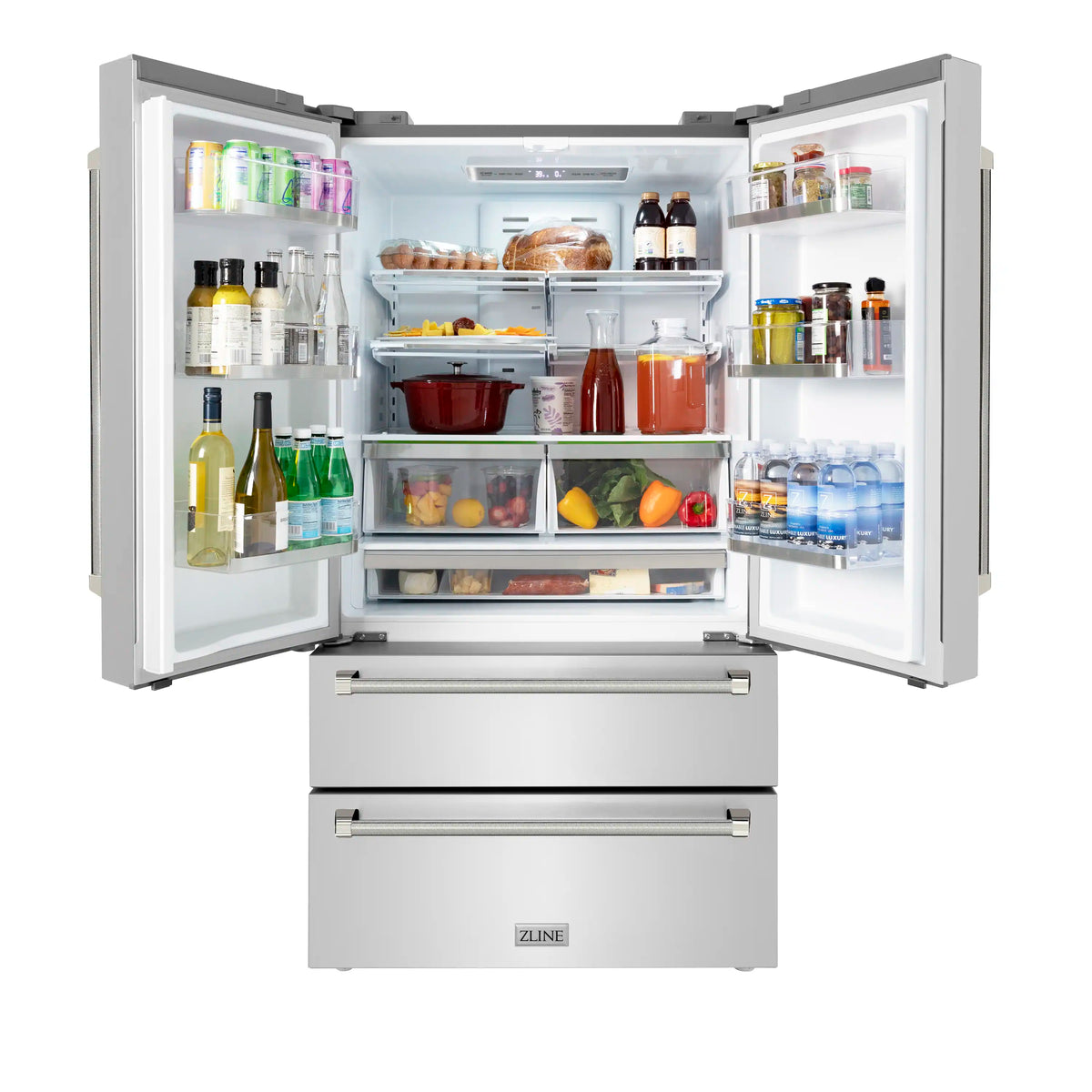 Open-door stainless refrigerator with interior shelves, bins, and drawers