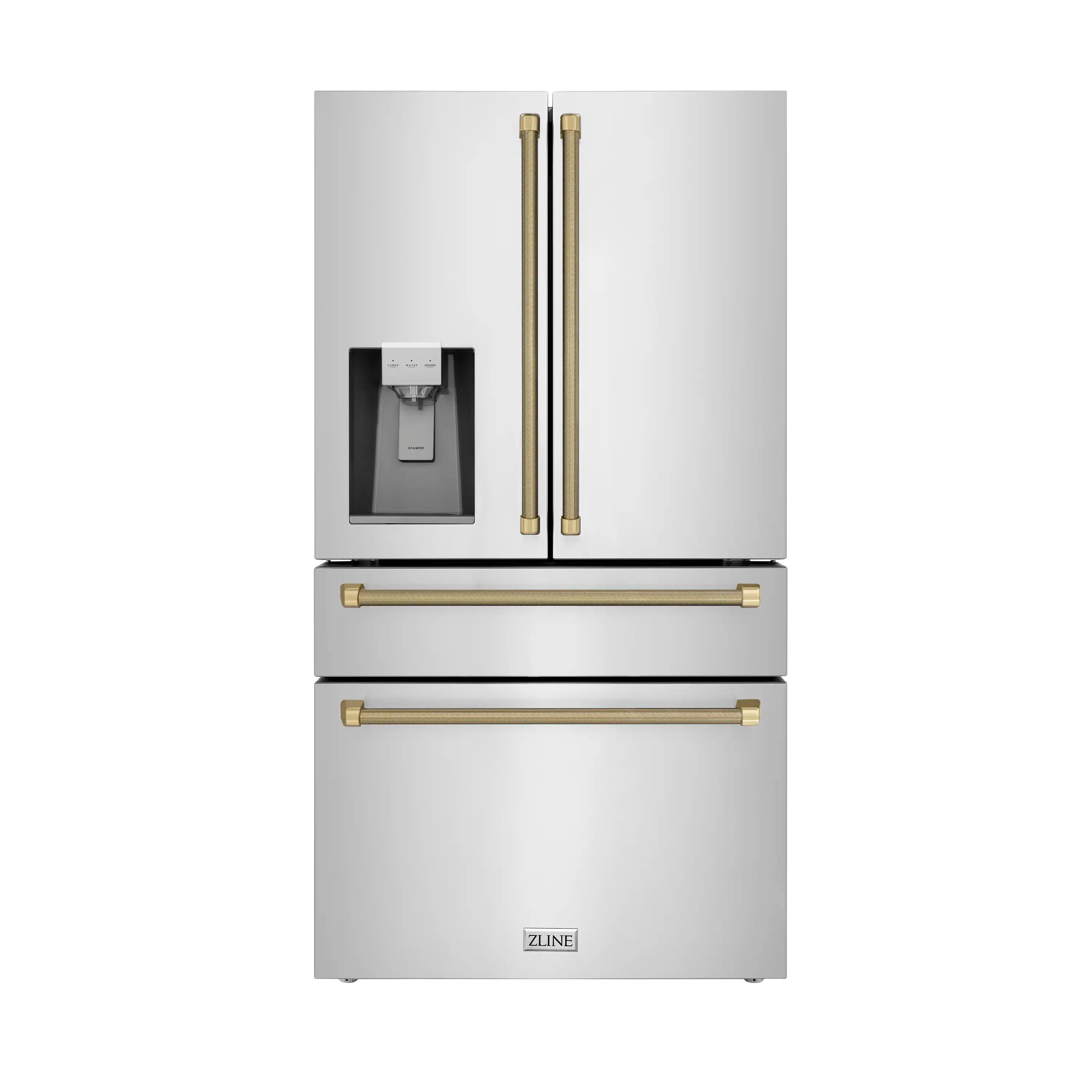 White refrigerator with gold-toned vertical dispenser handles and matching drawer pulls