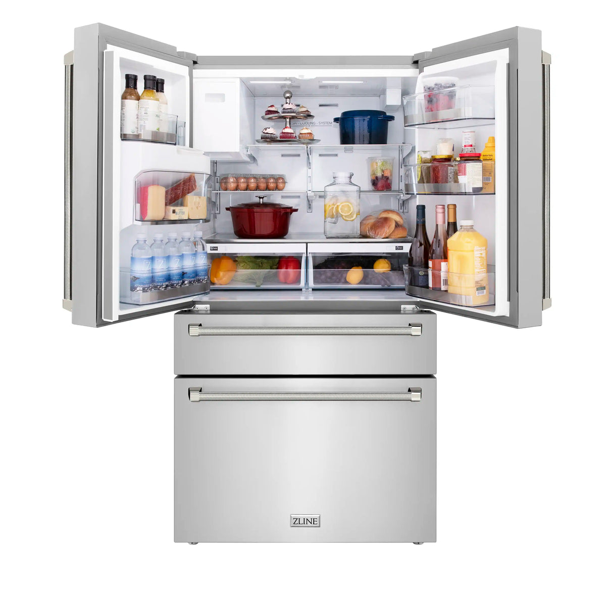 Stainless steel counter-depth refrigerator open with stocked interior shelves and drawers