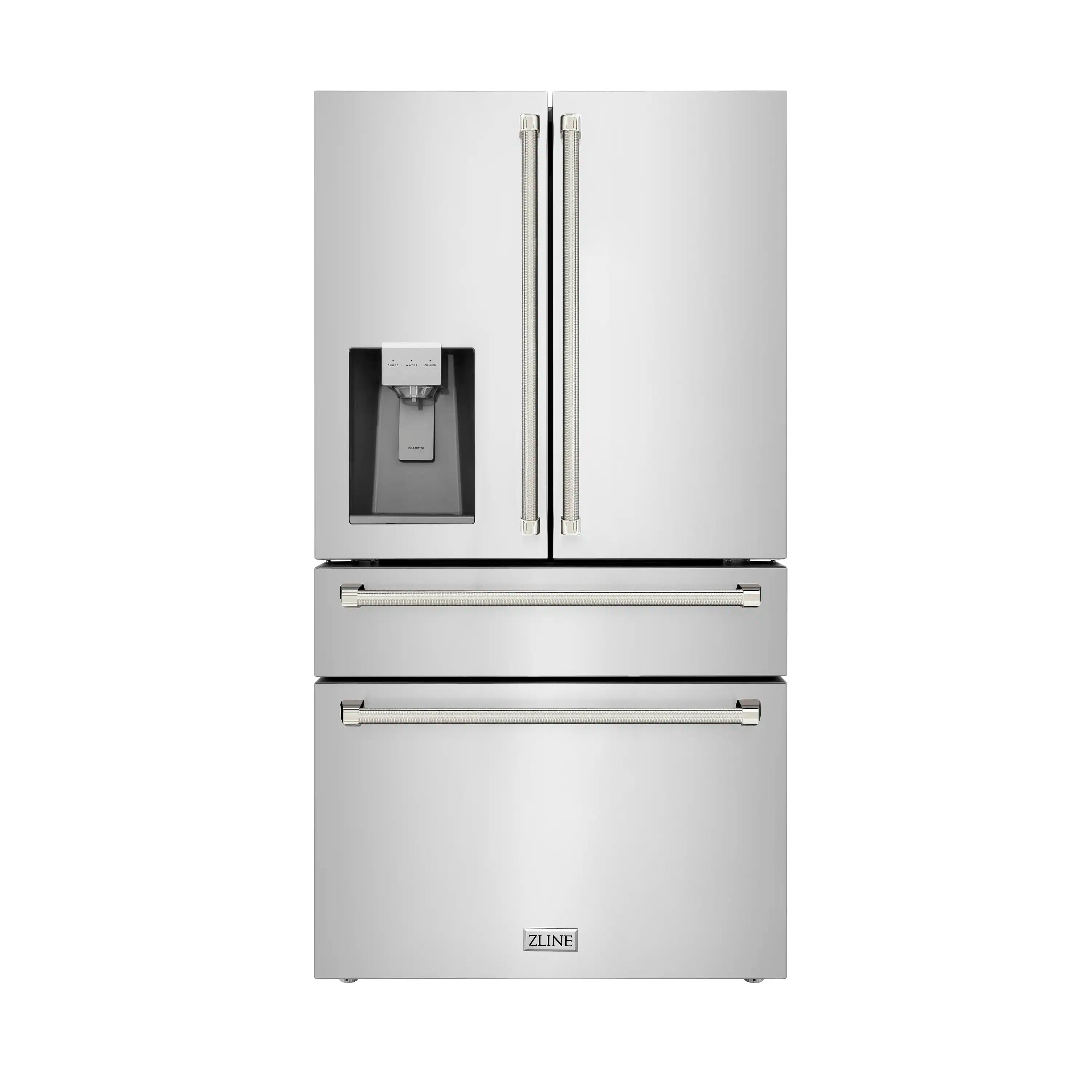 Stainless steel counter-depth refrigerator with vertical water dispenser and twin handles
