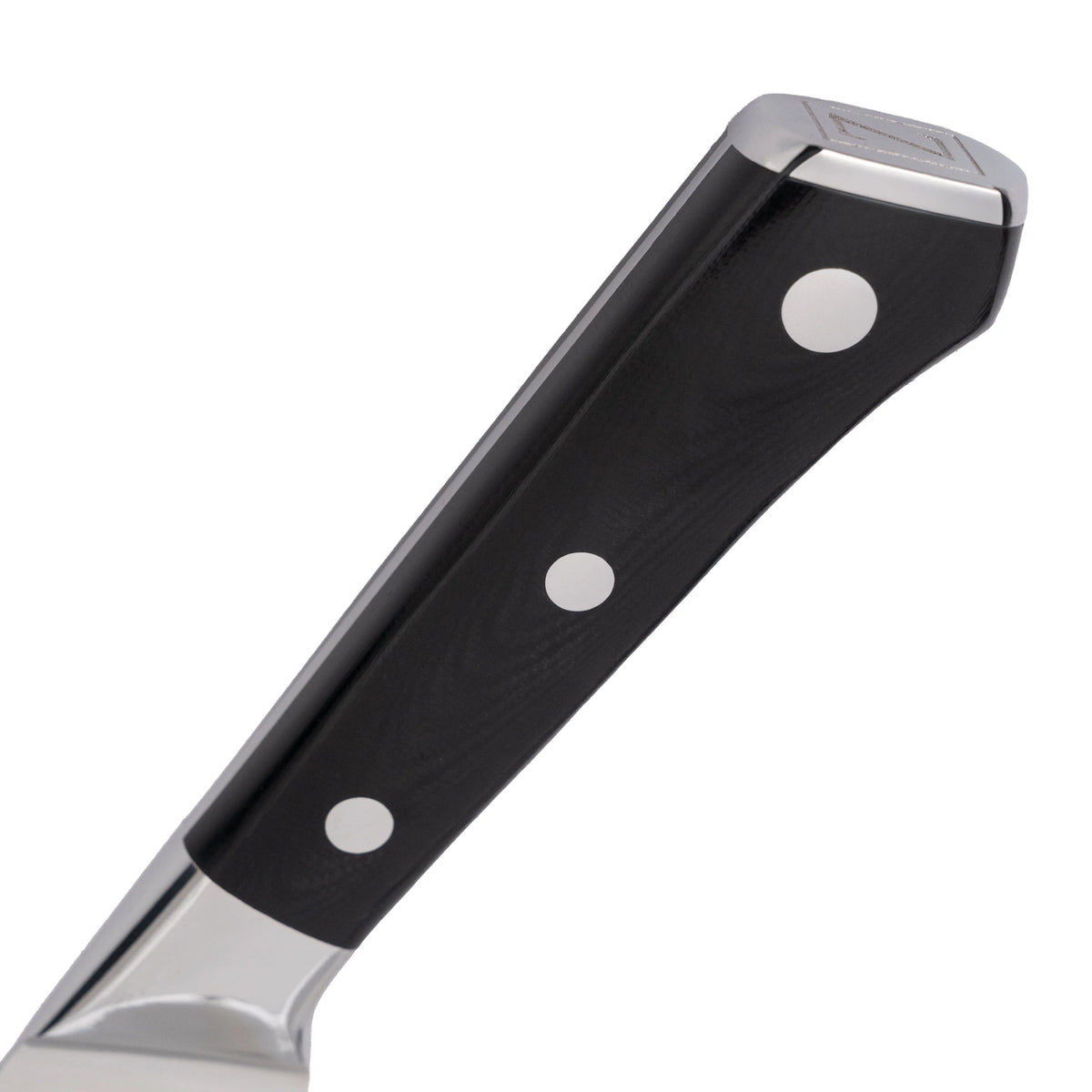 Single steak knife with stainless blade and black handle with three white rivet dots