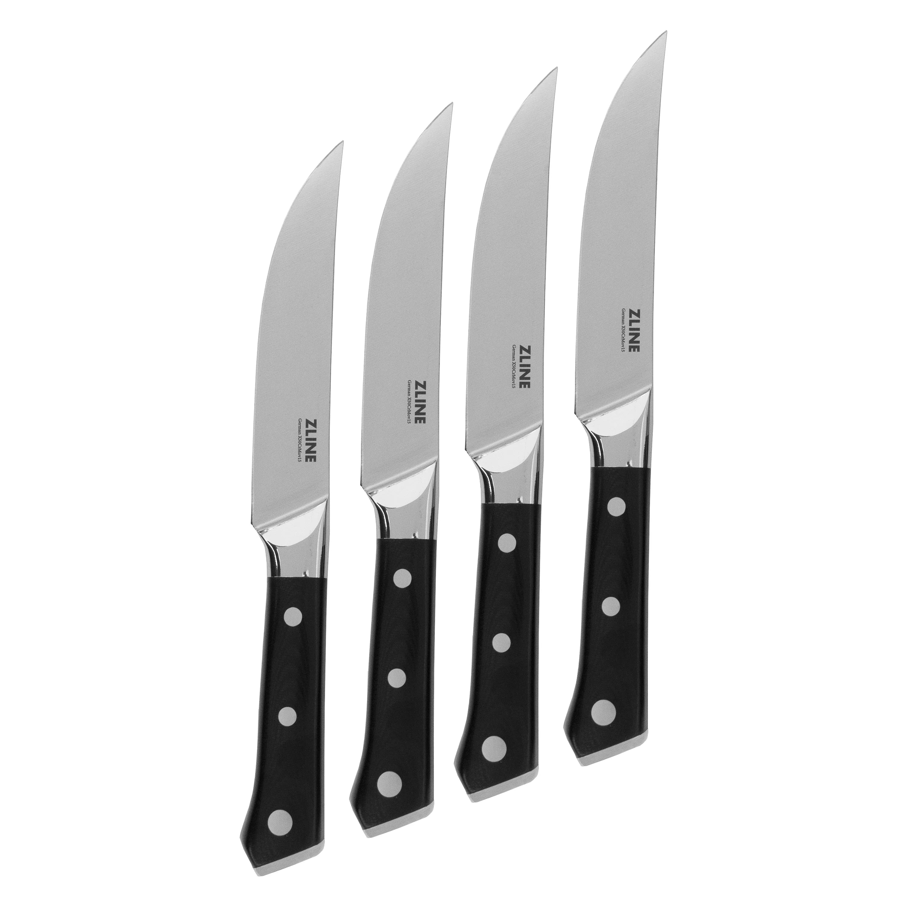 4-piece steak knife set with stainless blades and black handles, dot rivets