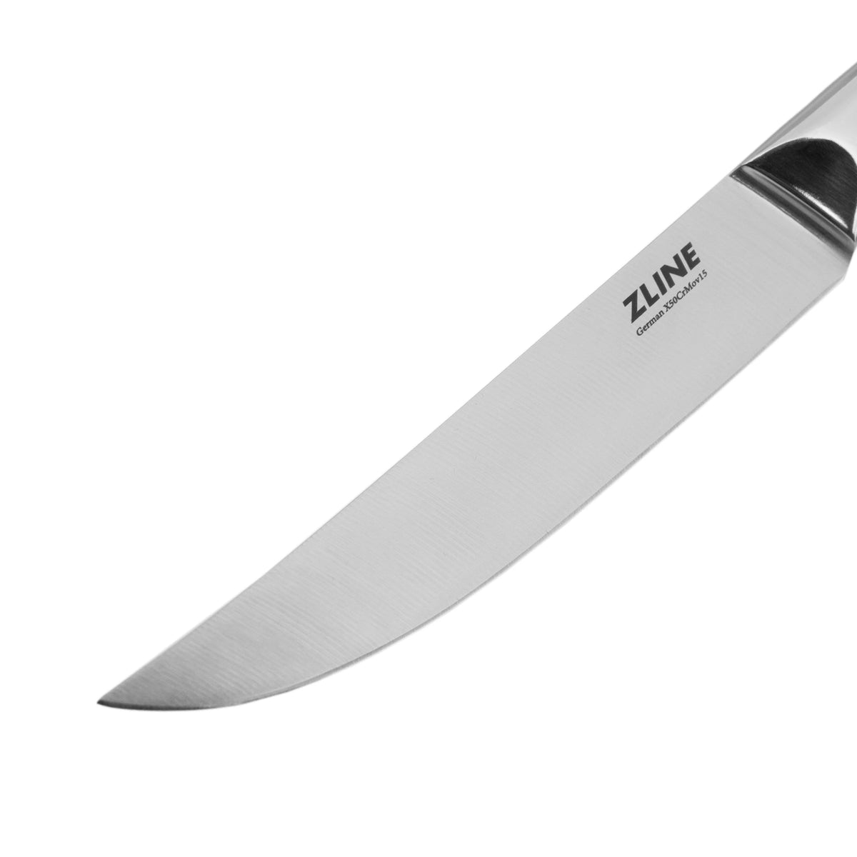 Close-up of stainless steak knife blade with ZLINE mark on silver