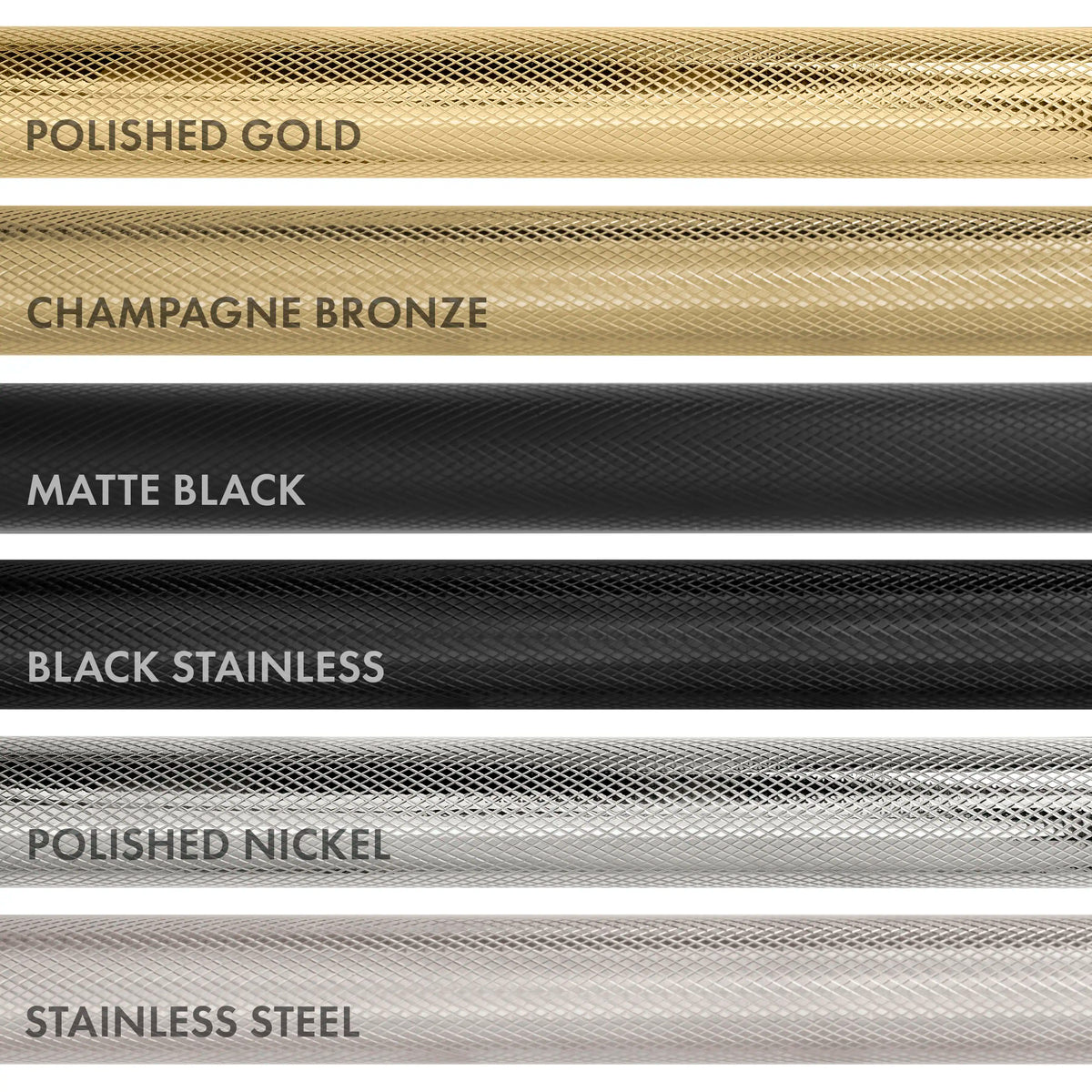 Range finish options swatches: polished gold, champagne bronze, matte black, black stainless