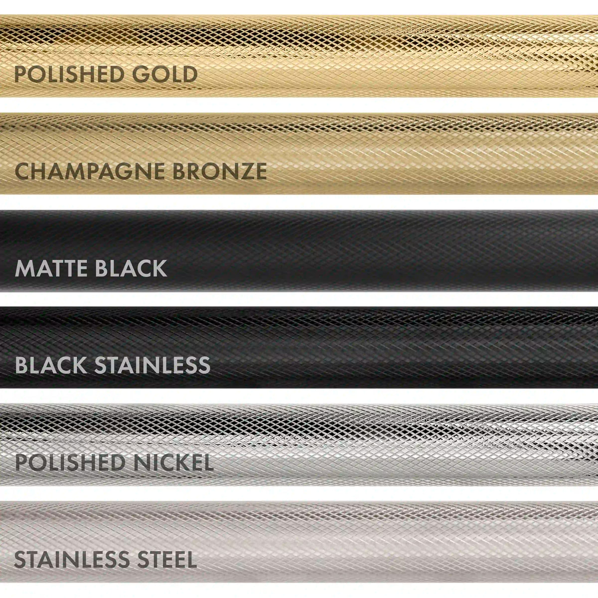 Range finish color swatches: polished gold, champagne bronze, matte black, black stainless
