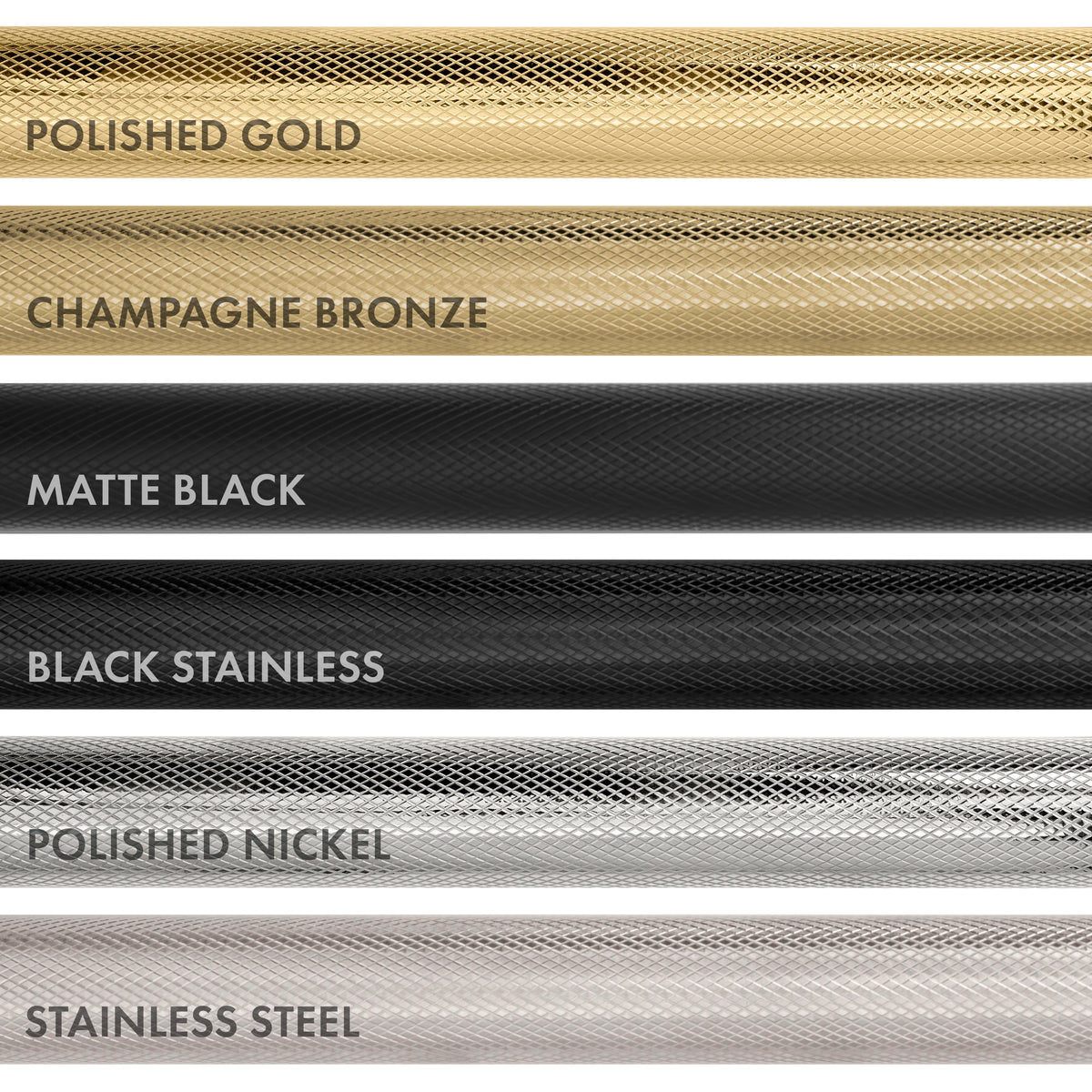 Finish swatches: polished gold, champagne bronze, matte black, black stainless, nickel