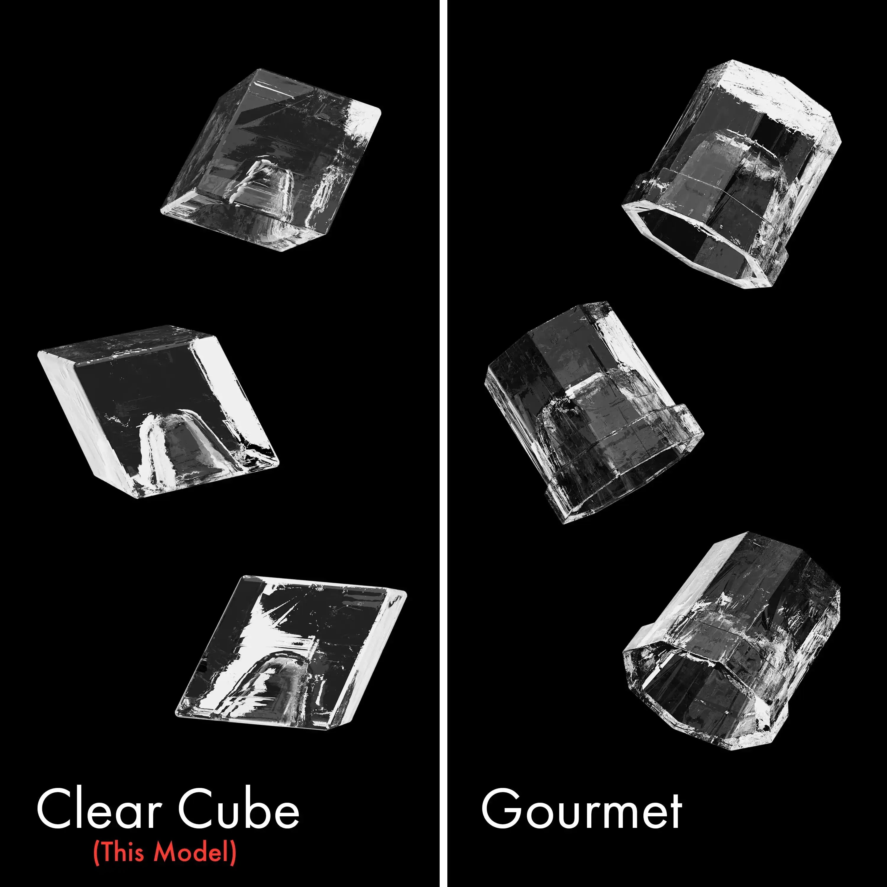 Clear cube ice samples shown in multiple angles and orientations