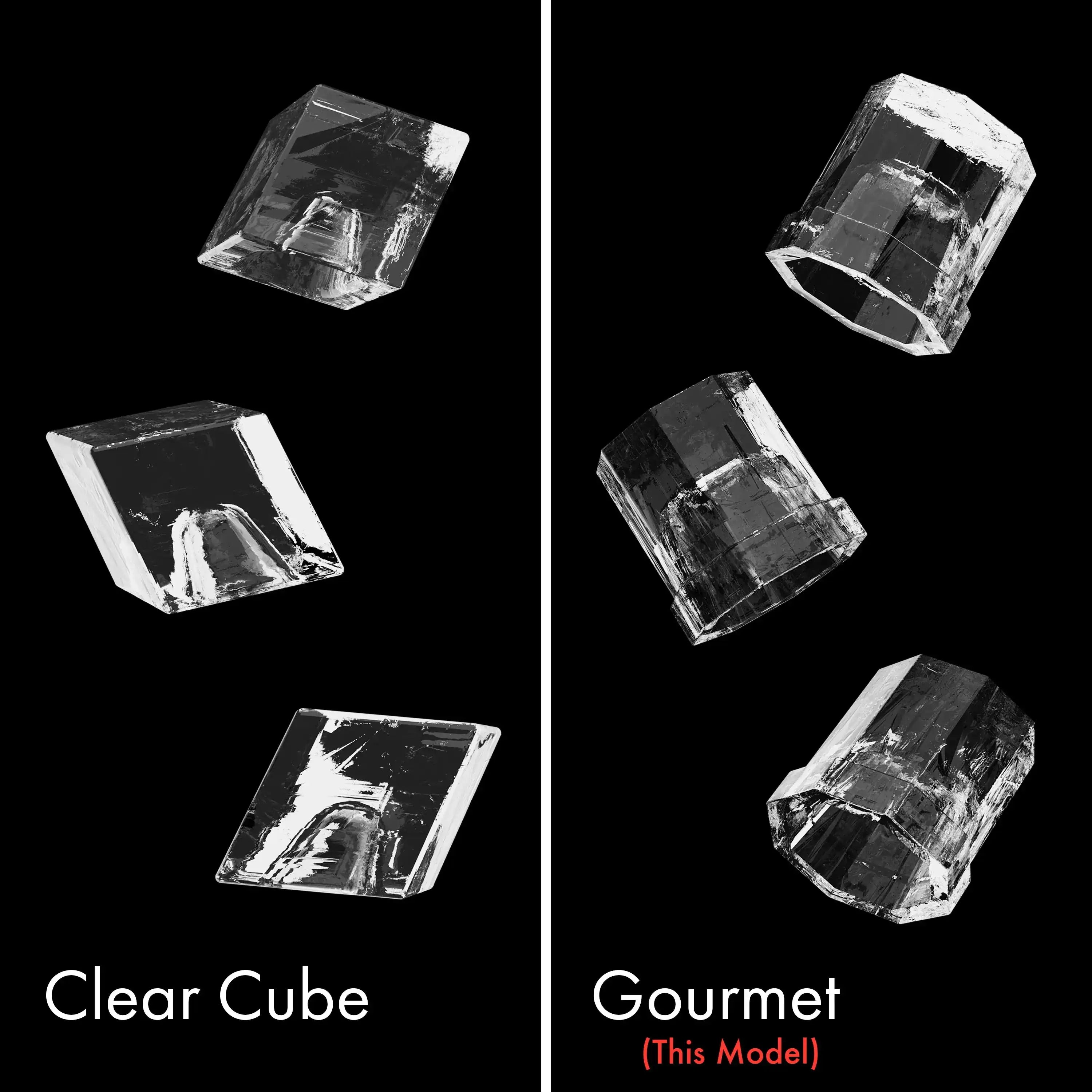 Clear cube ice shapes shown in an ice maker graphic