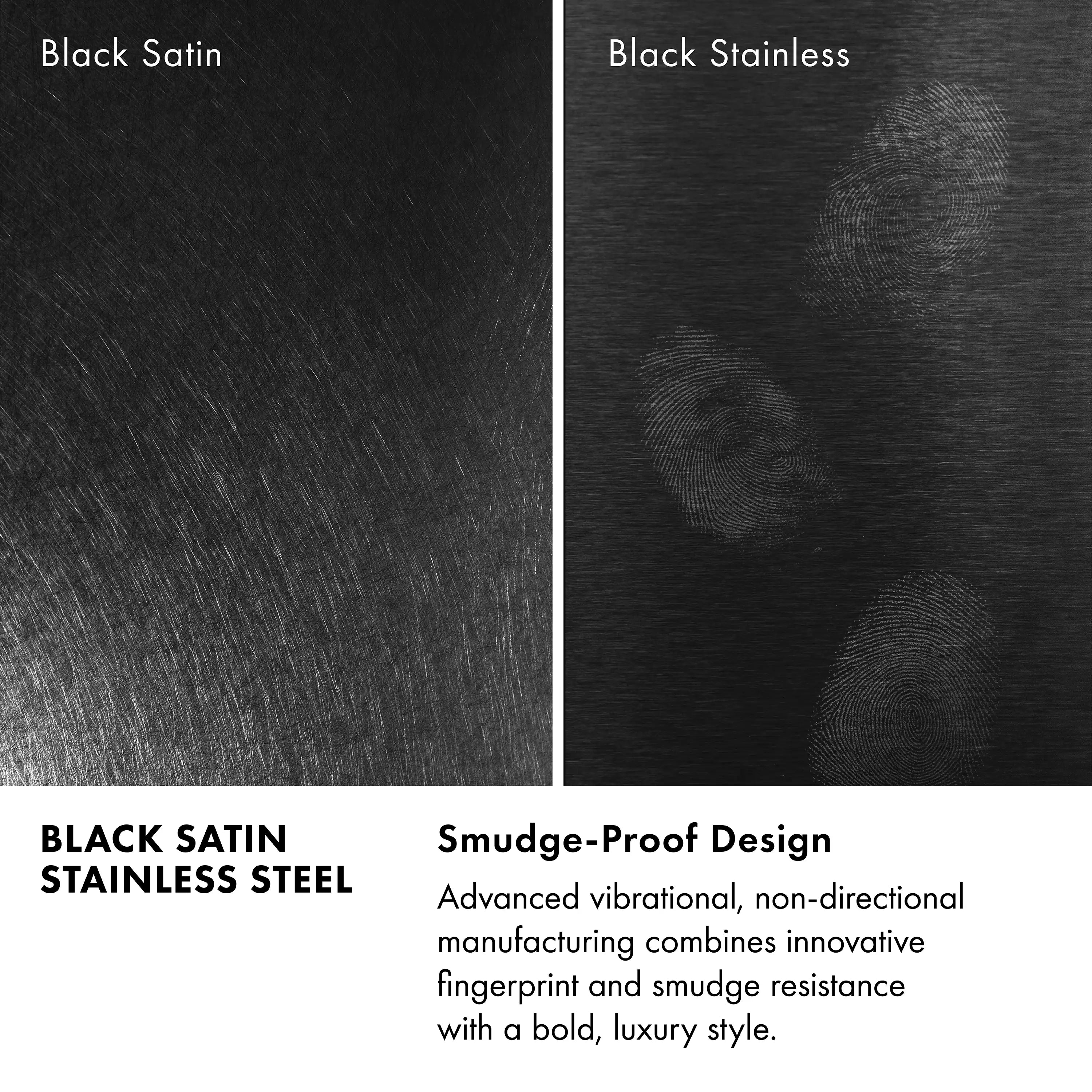 Black satin stainless steel cooktop surface with smudge-proof texture