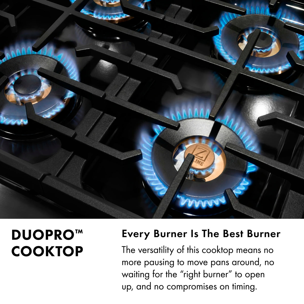 Gas cooktop with blue flame burners and DuoPro cooktop feature callouts