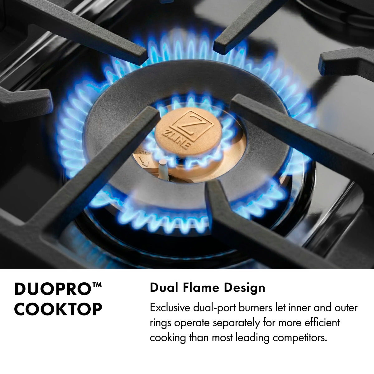 Dual flame gas burner with blue ring flames over black cast-iron grate