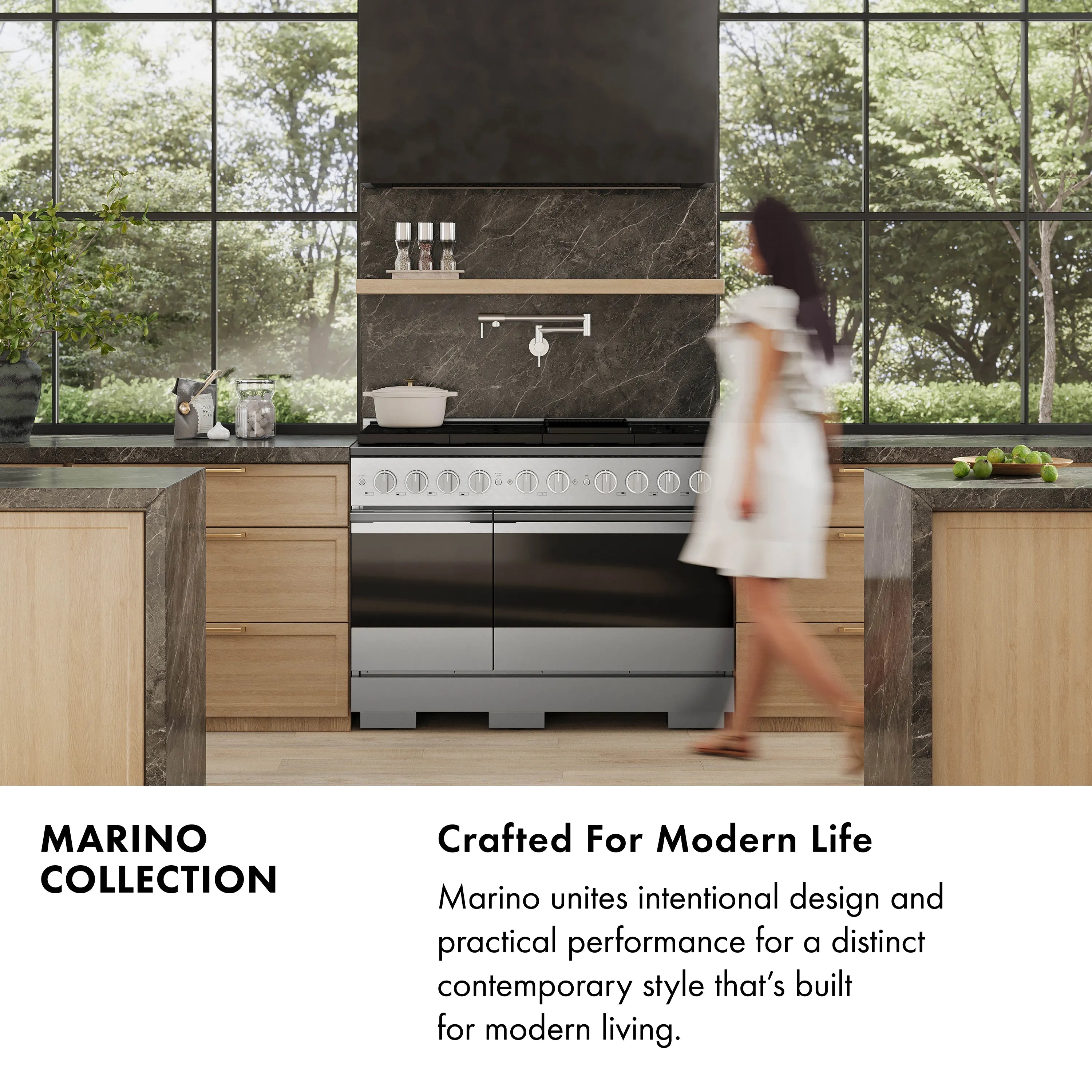 Outdoor-style kitchen scene featuring a black gas range under a hood