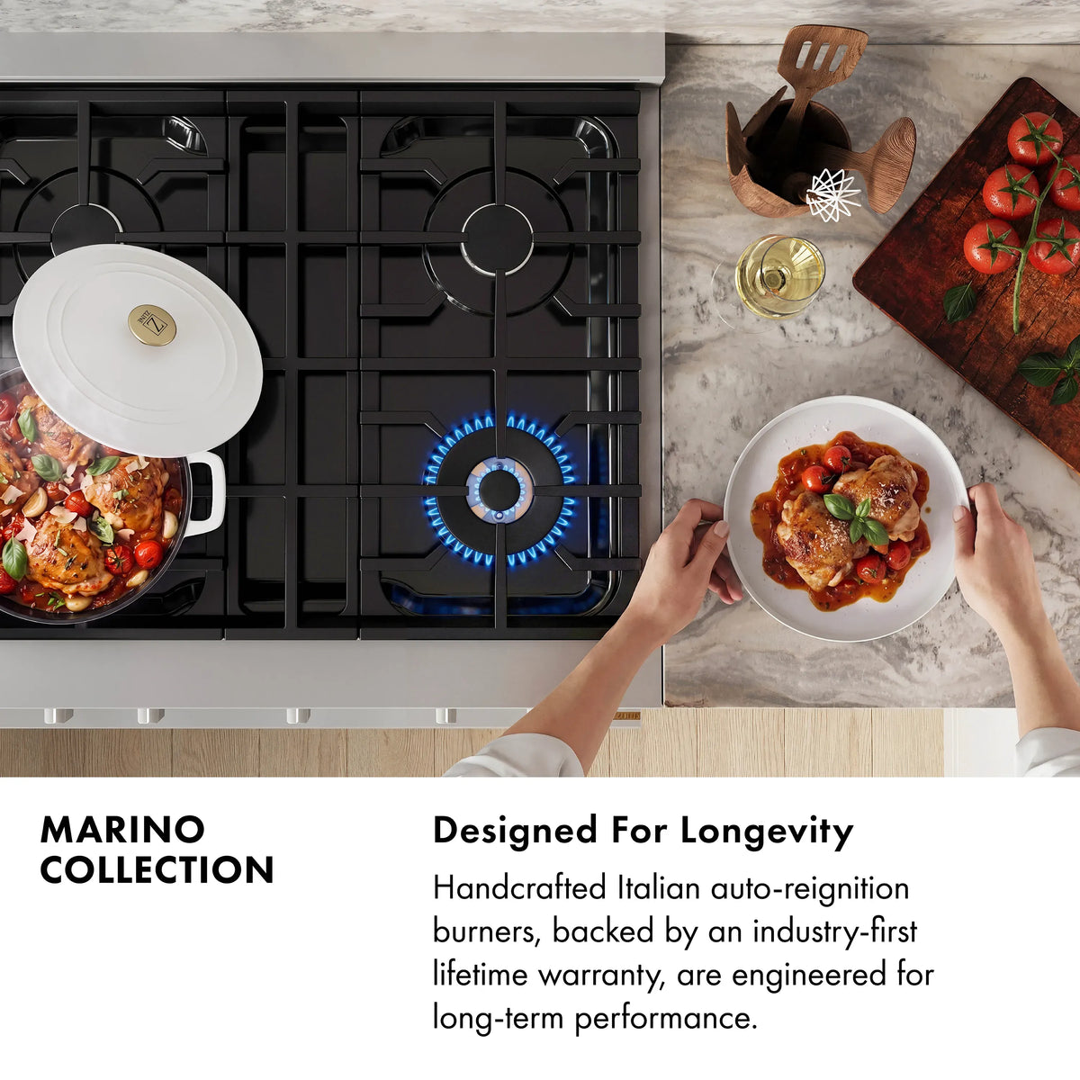 ZLINE dual fuel range cooktop with blue flame burner and cookware on grates