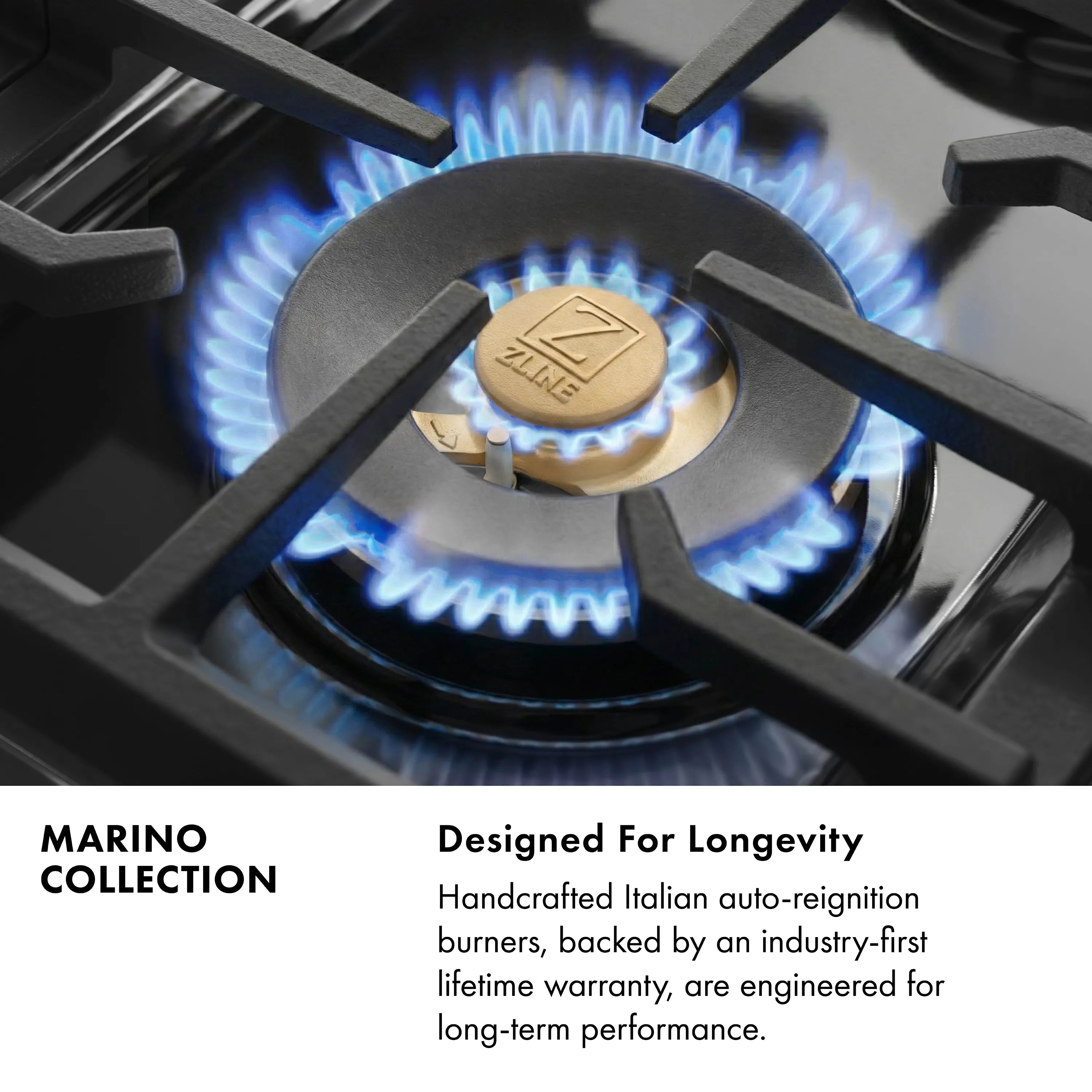 Stainless steel gas burner with ZLINE emblem and blue flame on cooktop