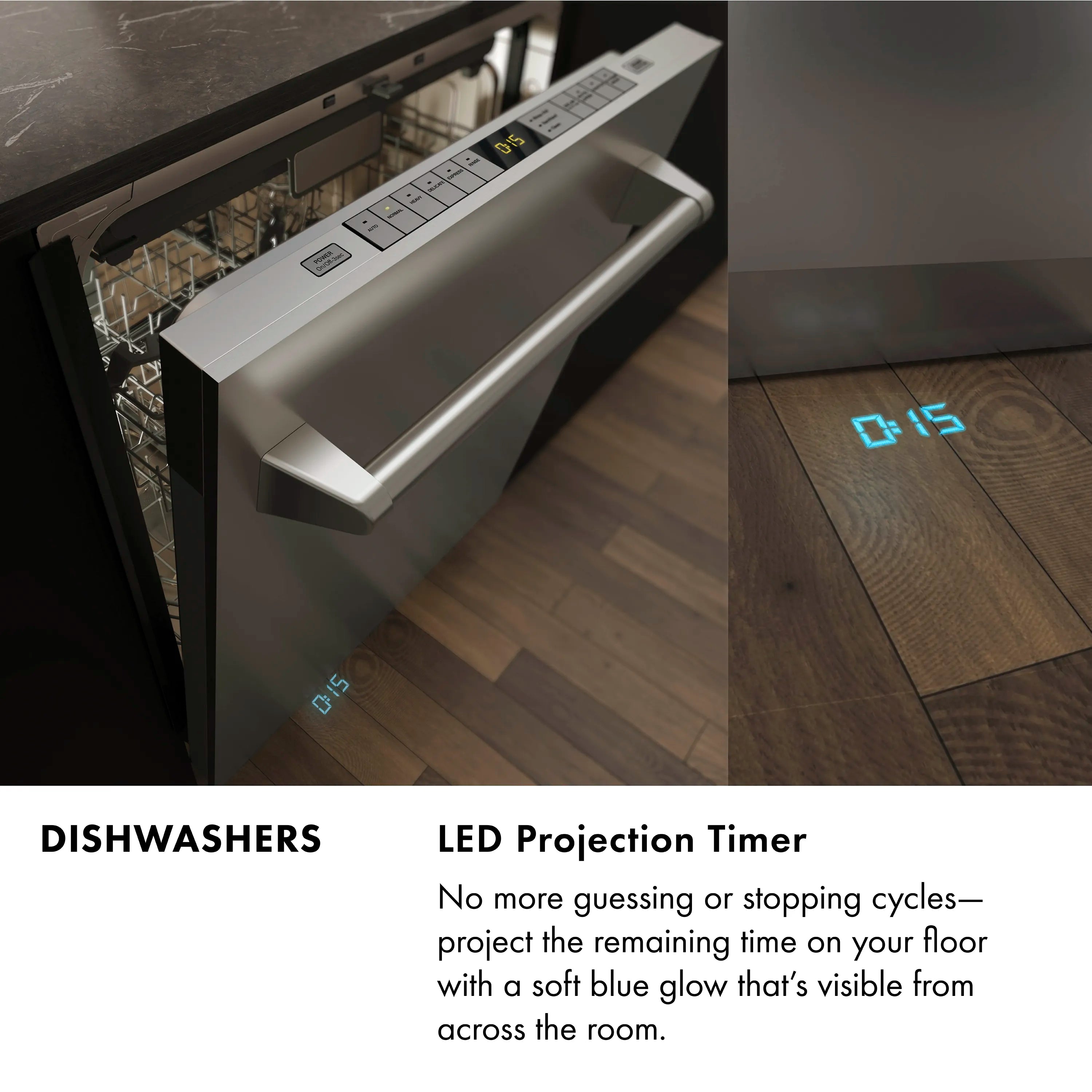 Built-in stainless dishwasher with touch control panel on top edge, door open