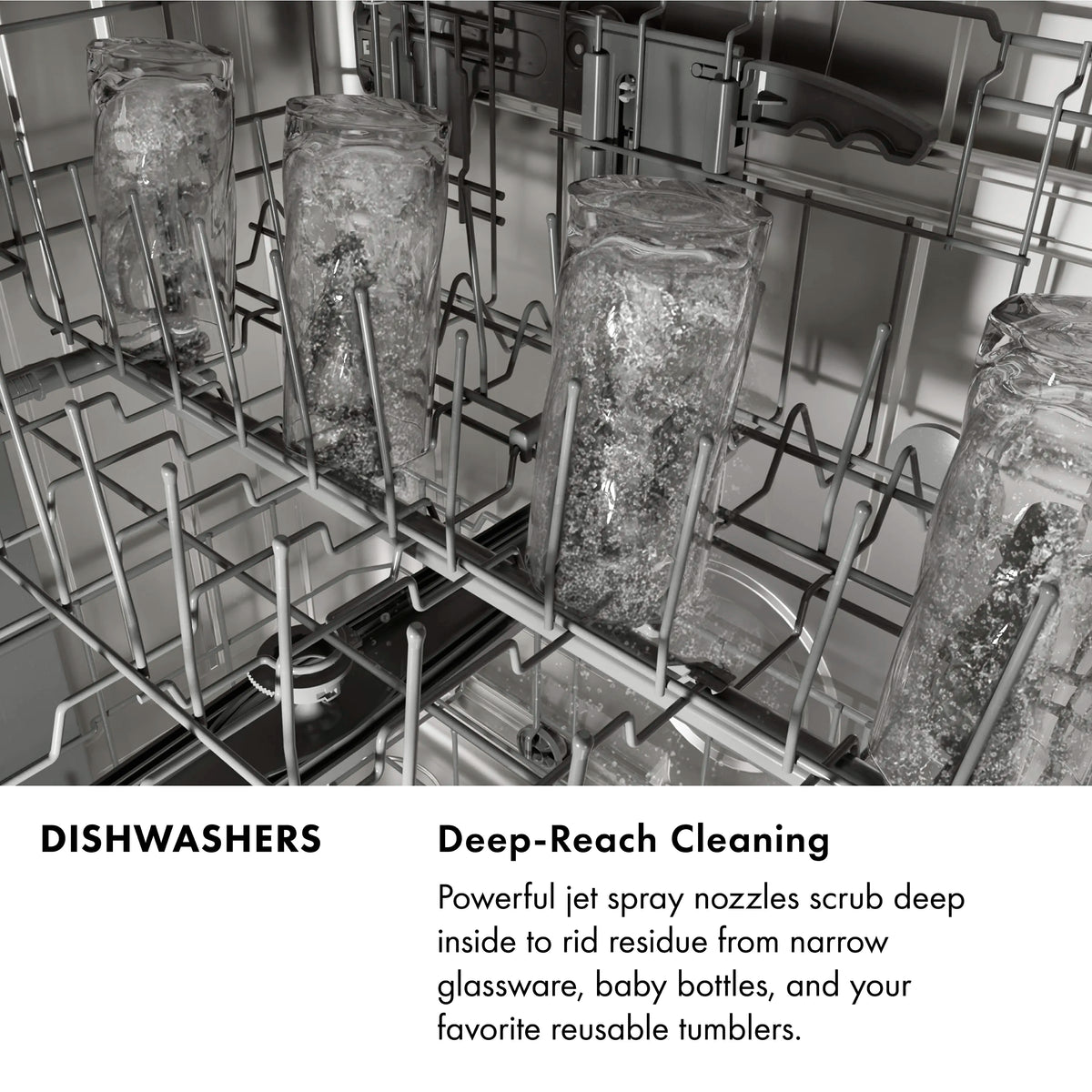 Stainless dishwasher interior with tall racks holding glassware