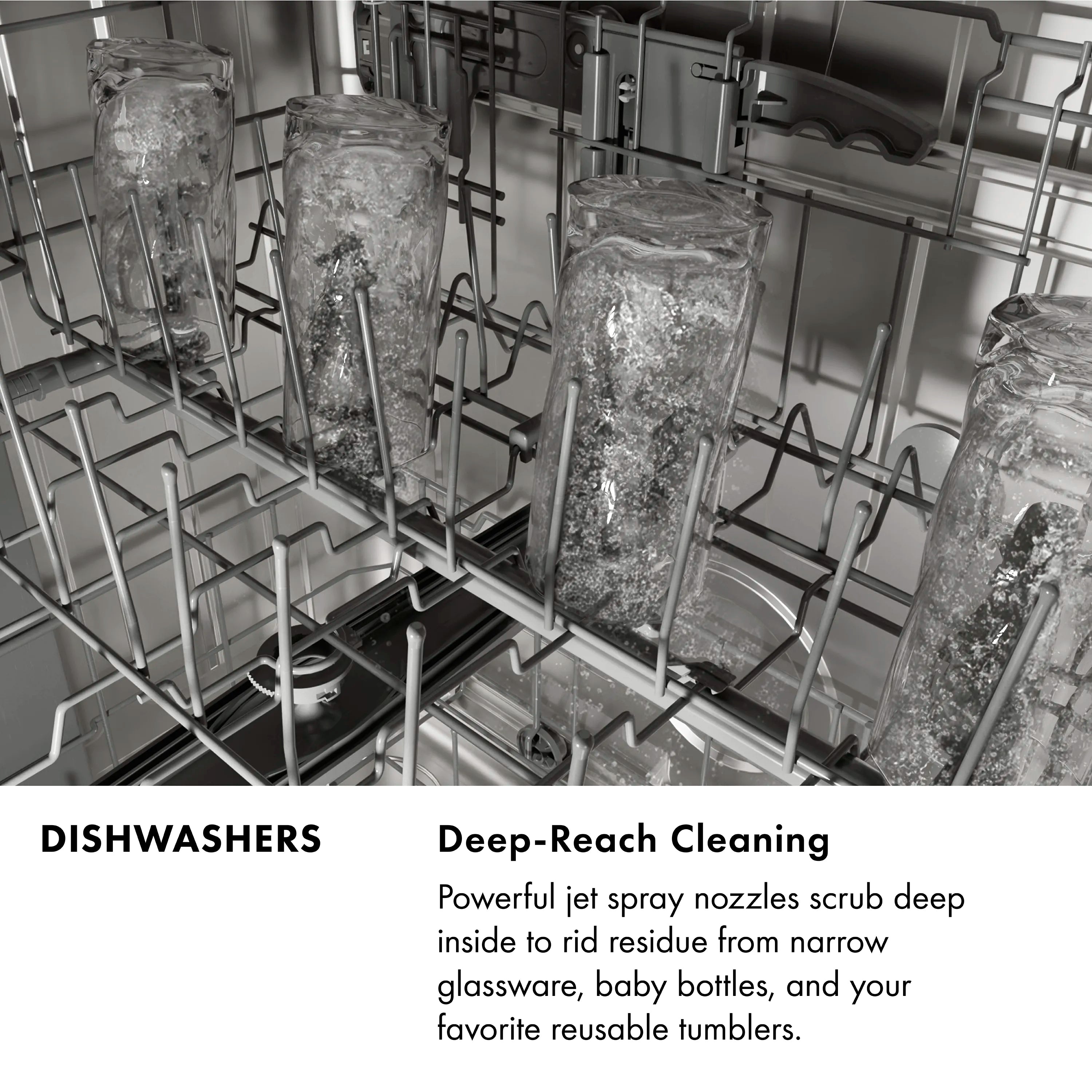 Stainless steel dishwasher interior with third rack and tall stemware glass holders