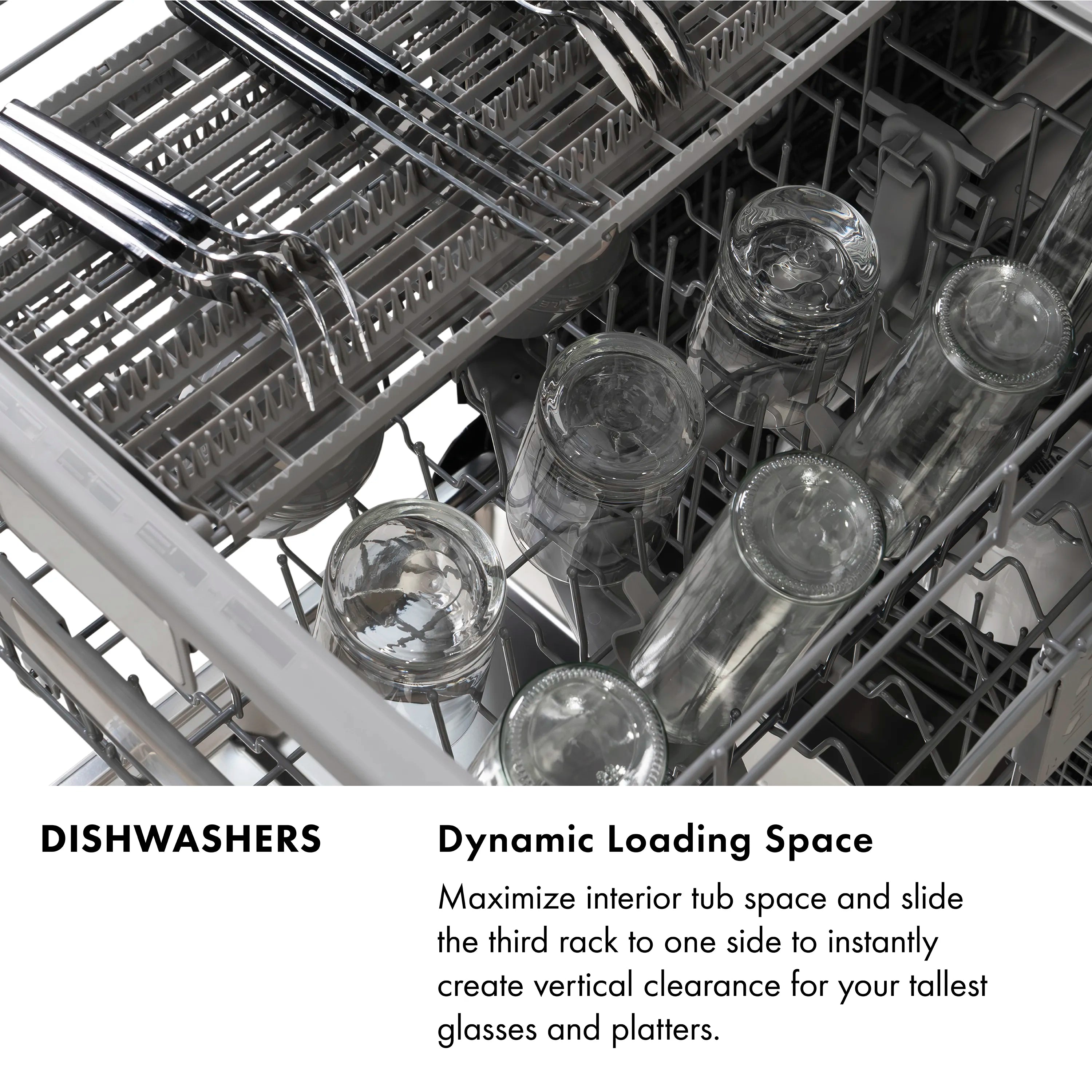 Dishwasher third rack loaded with stemware, glass holders, and silverware trays