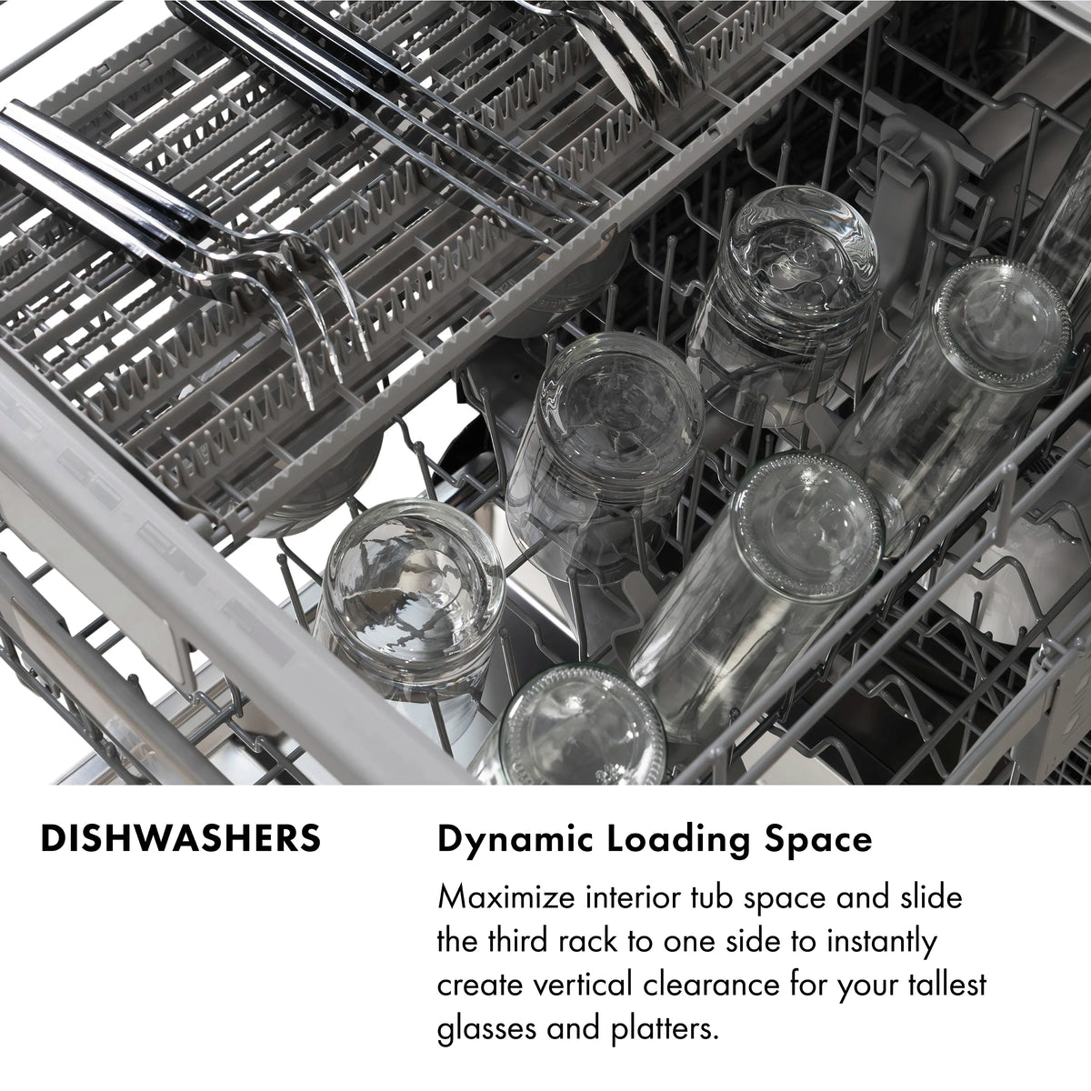 Dishwasher interior showing third rack with glass cups and plate supports.