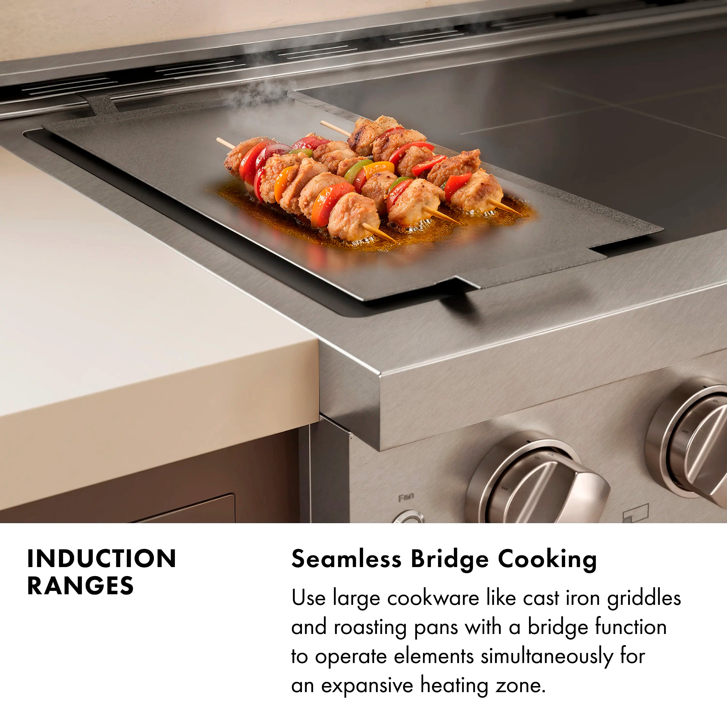 Stainless induction range cooktop with roasting pan and cook zone display