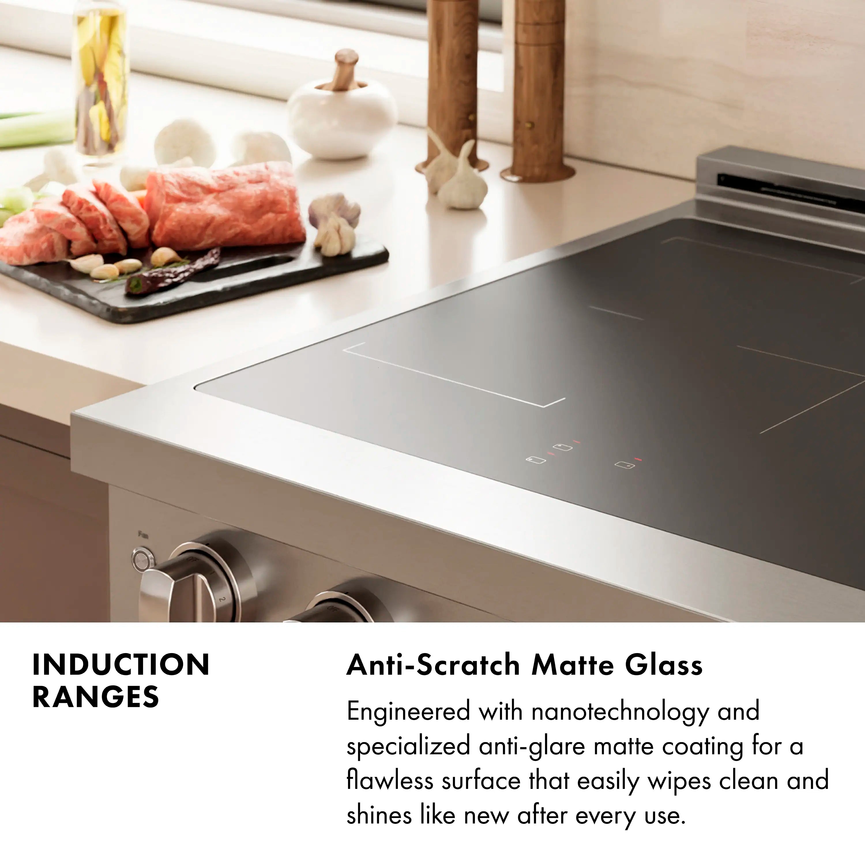 Induction range with matte glass cooktop and satin stainless body, front controls